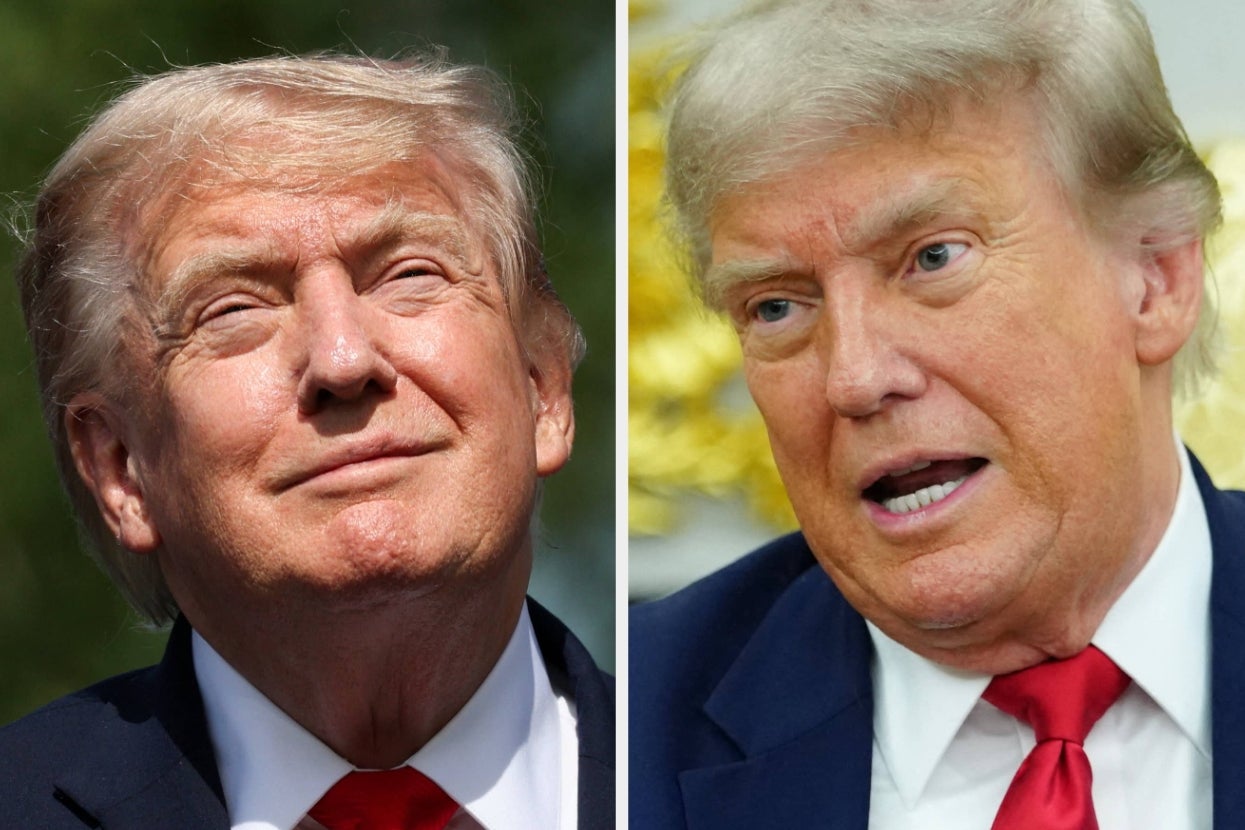 Two images of the same man in suits and red ties, appearing in different settings, possibly during public appearances or interviews