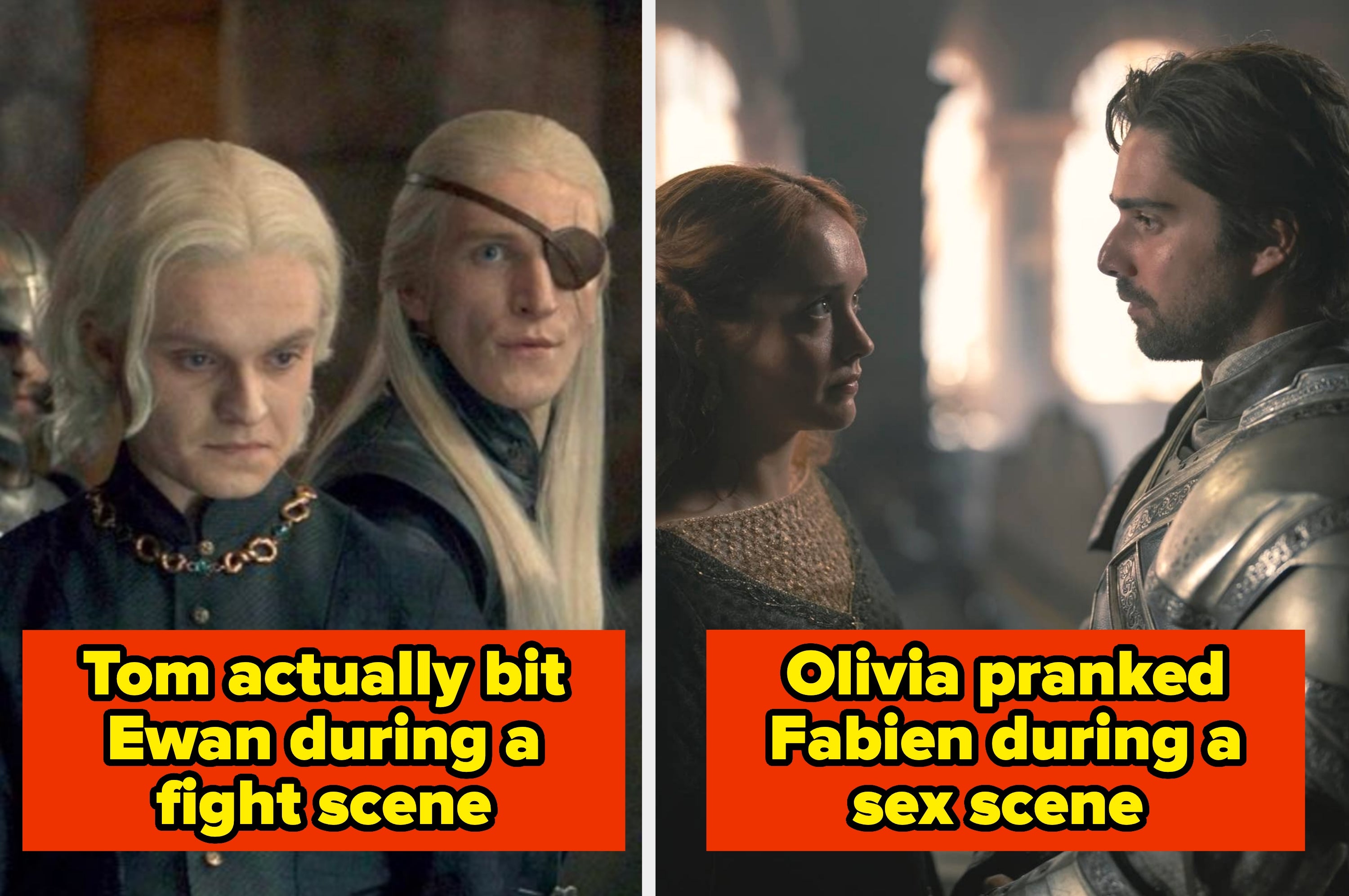 Two images from a TV show set: one features actors discussing a fight scene; another shows a knight in armor and a woman in a medieval setting