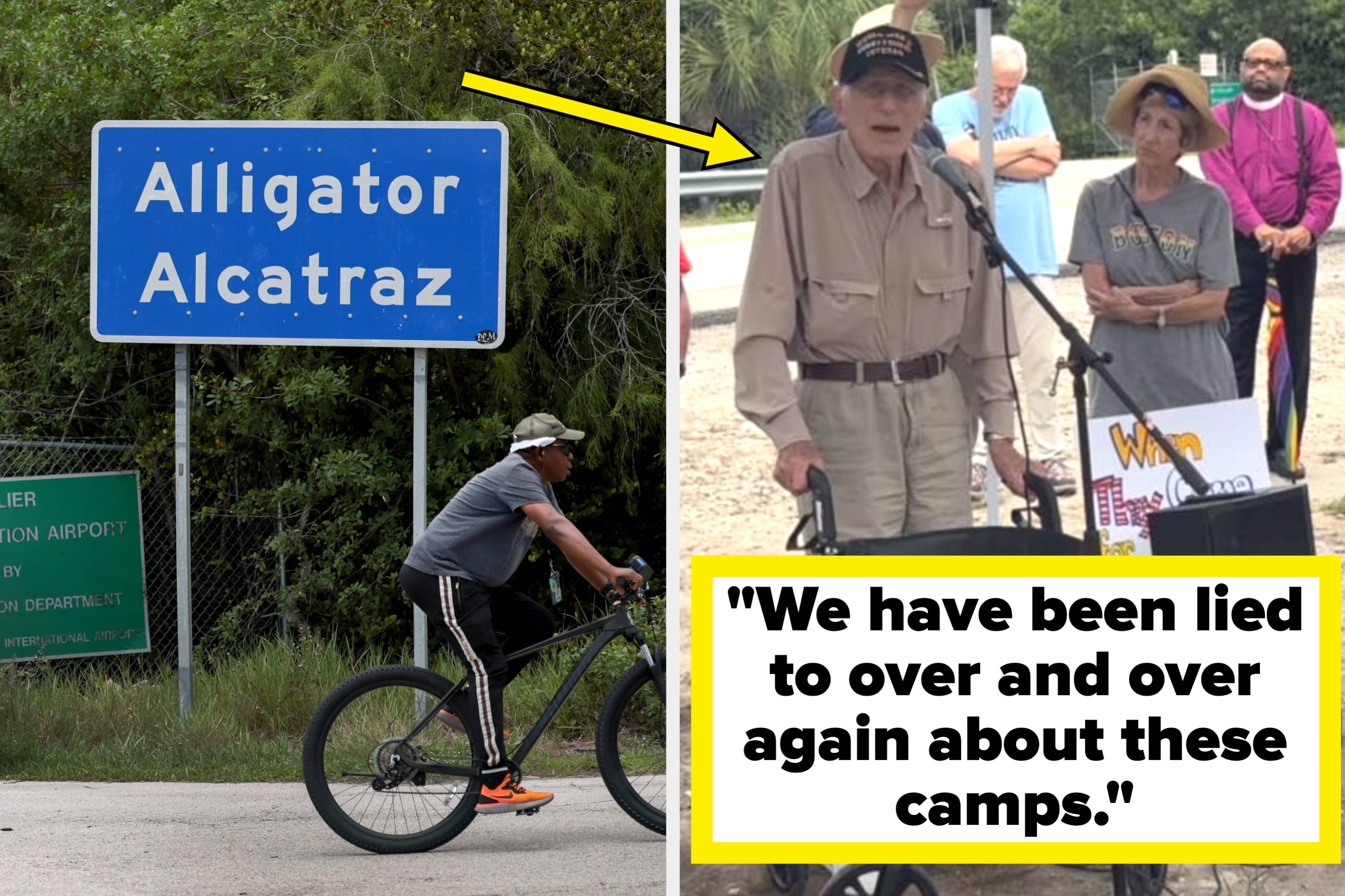 Split image: Left shows bicyclist passing "Alligator Alcatraz" sign; right shows elderly man at a podium, accompanied by others, with text about being lied to about camps