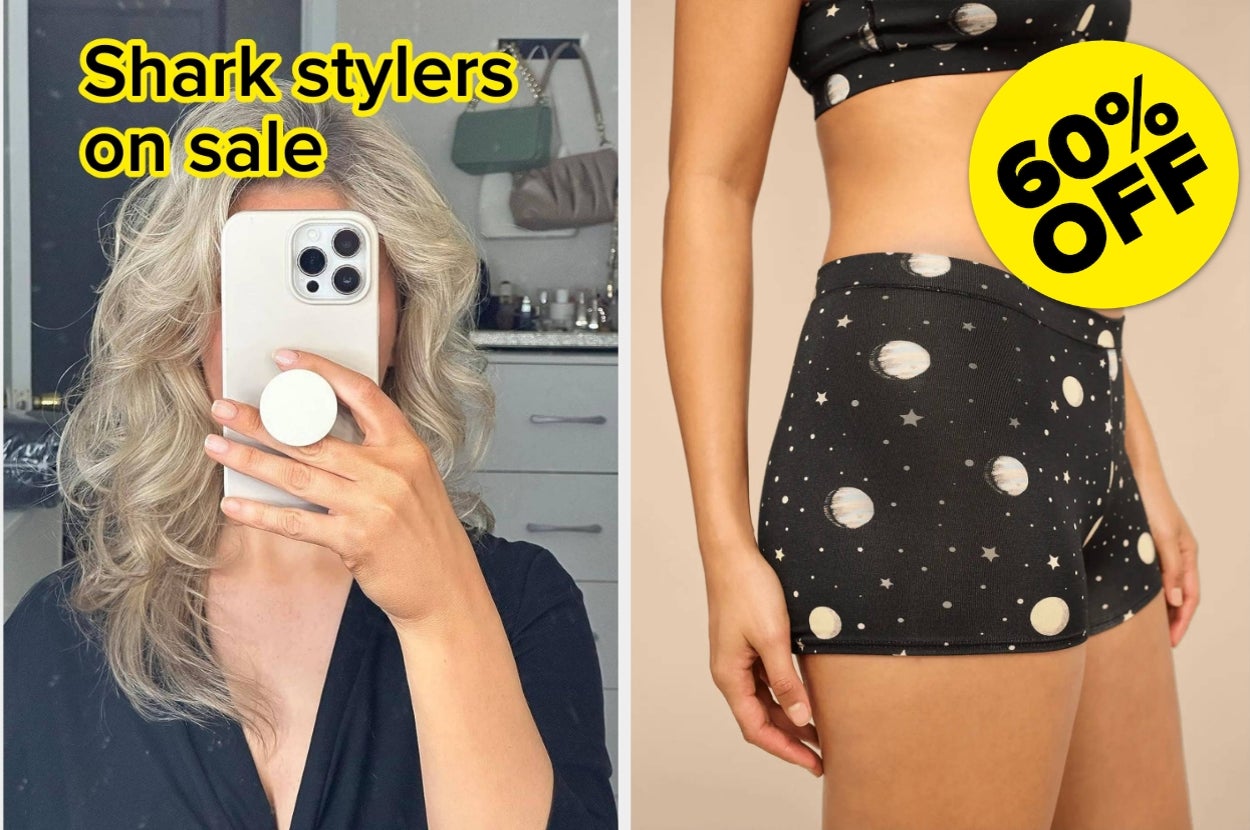 Left: Person styling hair in front of a mirror. Right: Close-up of planet-patterned shorts with a "60% OFF" tag