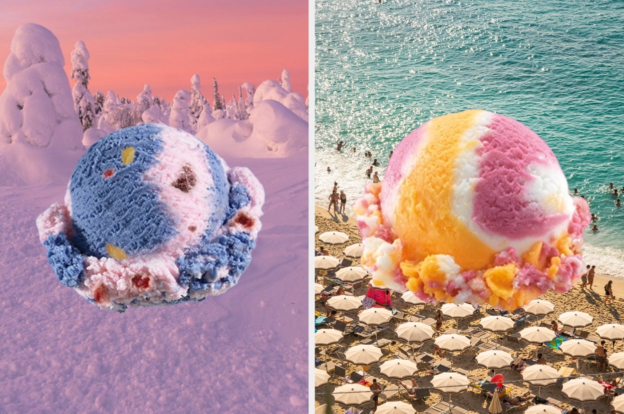 Two images of ice cream scoops: one overlaid on a snowy landscape, the other overlaid on a beach with umbrellas