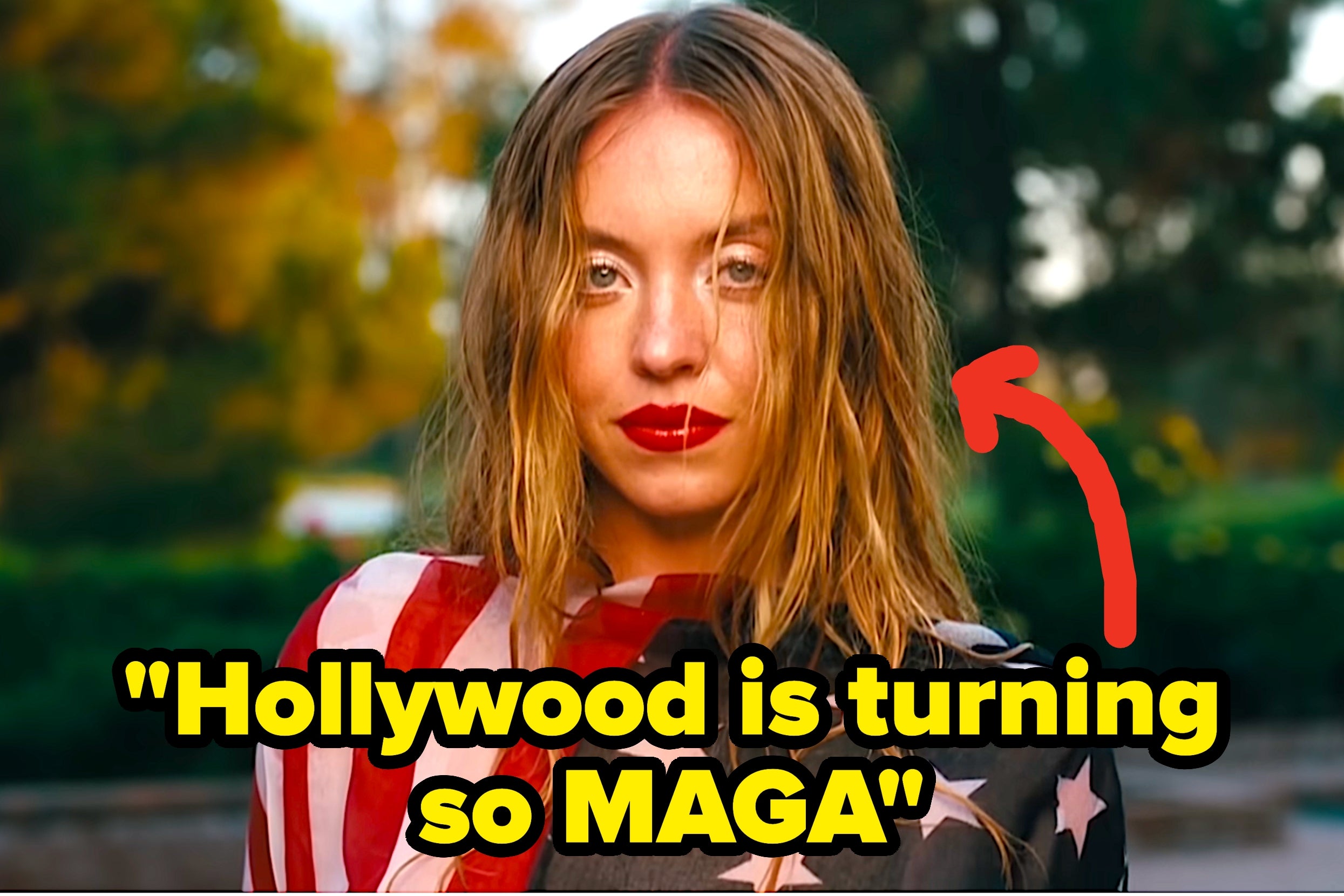 Person draped in star-spangled fabric, text reads "Hollywood is turning so MAGA."