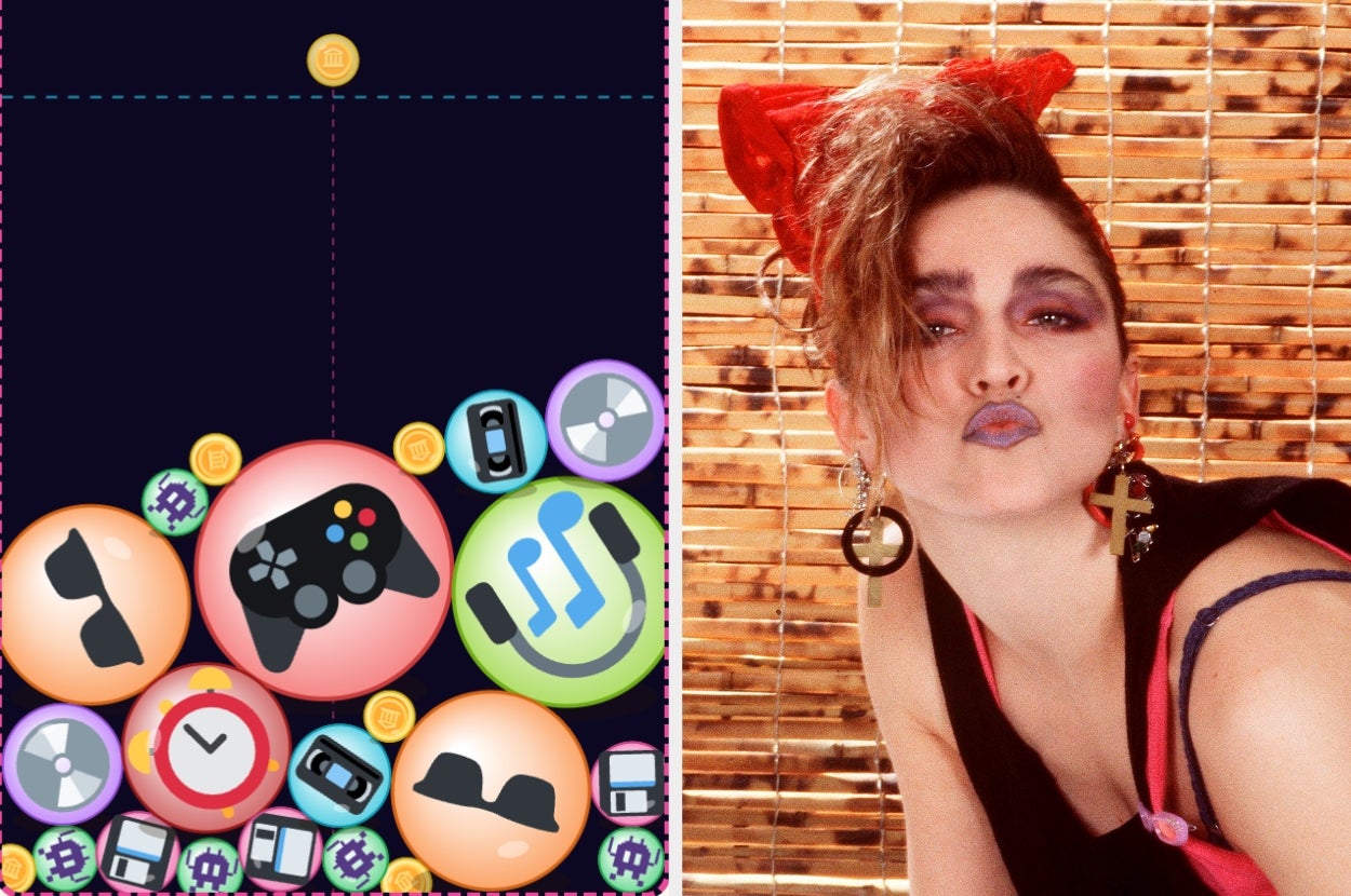 Left: Game interface with bubble icons showing a game controller, music, and phone. Right: Person in '80s-style outfit with large earrings and bold makeup