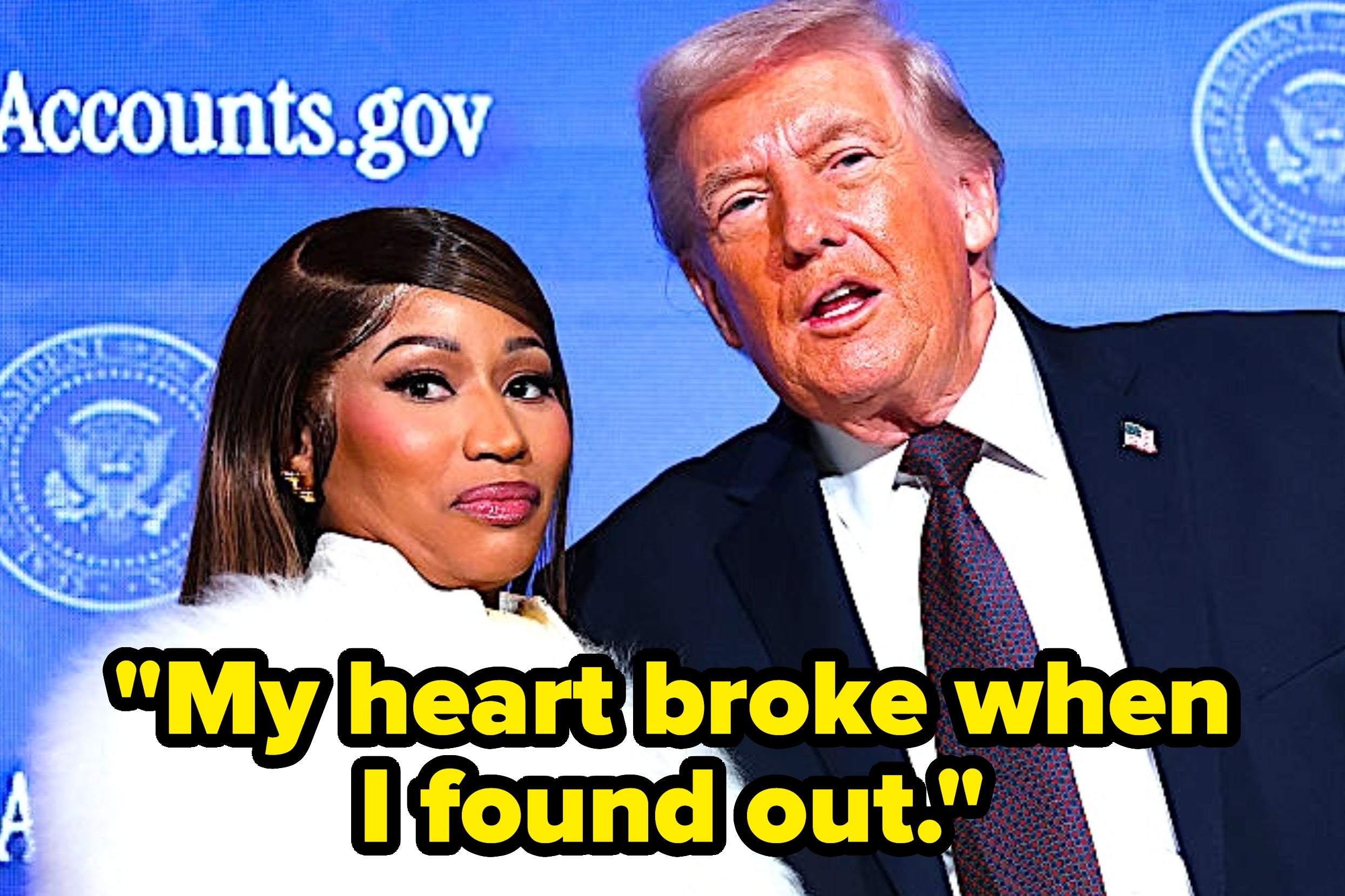 Two people pose together at an event, both wearing formal attire. Large text overlays the image: "My heart broke when I found out."