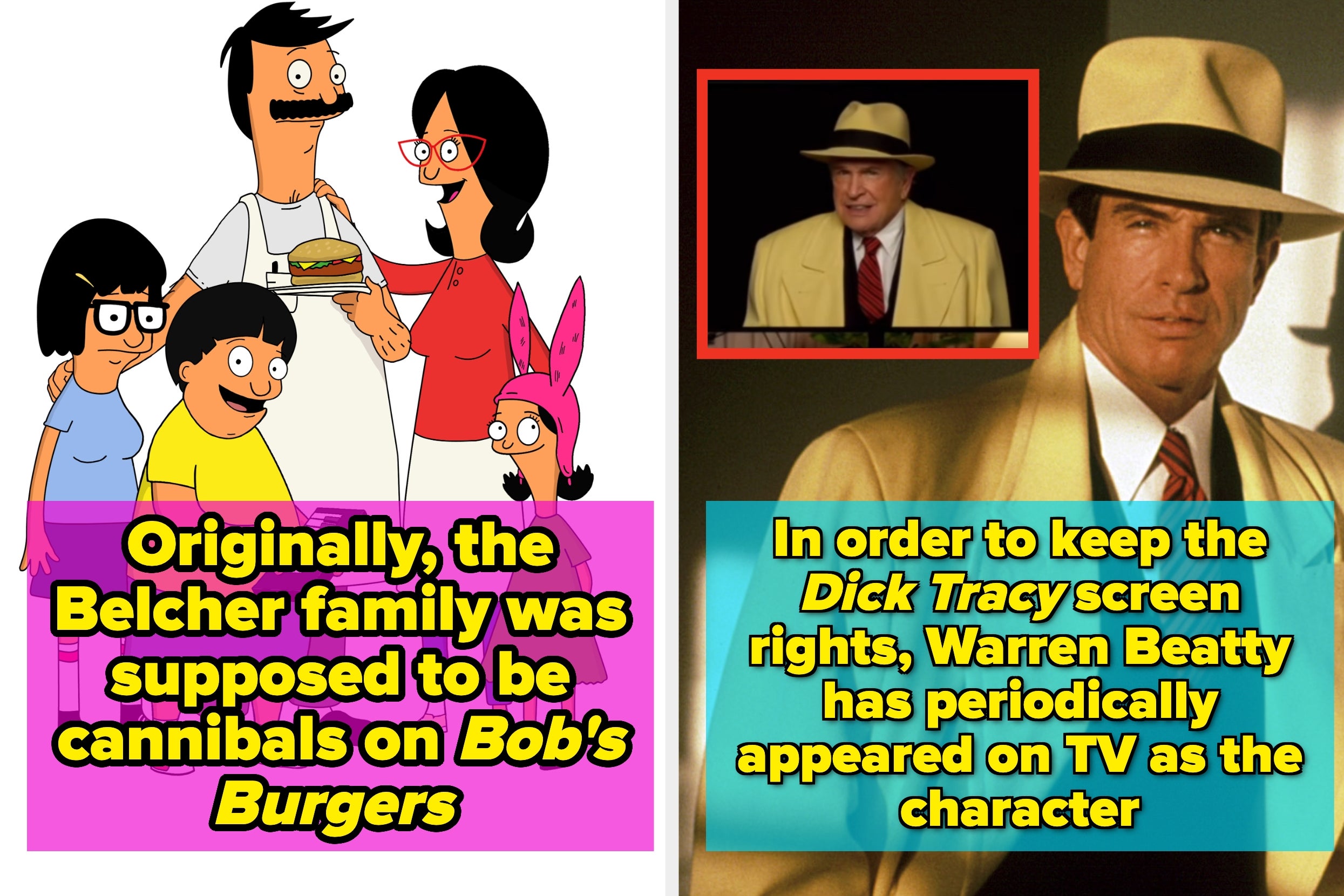 The image shows the animated Belcher family from "Bob's Burgers" with trivia, alongside Warren Beatty in a suit and hat as Dick Tracy, noting his TV appearances to retain character rights