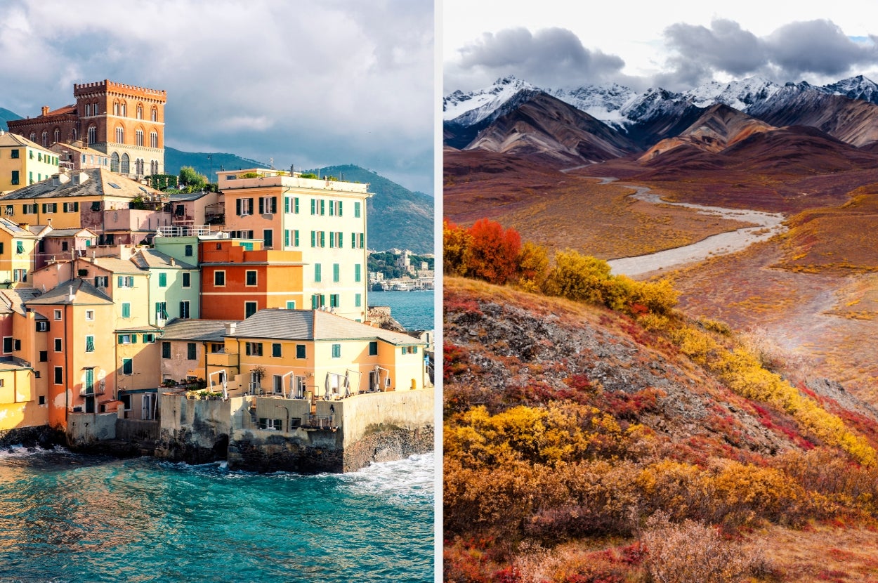 Split image: Left features colorful buildings by the sea; right showcases a panoramic view of a mountain landscape with a winding river