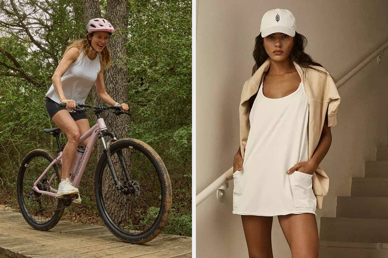 Woman in a flowy jumpsuit poses confidently; next to her, close-up of stylish athletic sneakers