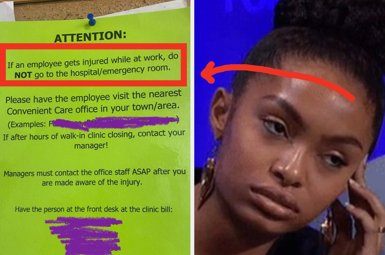 Sign discourages employees from going to the hospital when injured at work. Image includes a skeptical person