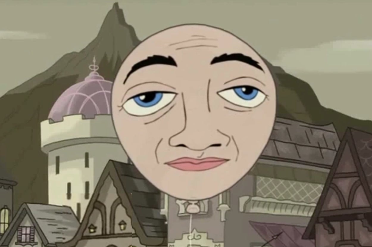 Balloony from Phineas and Ferb with a human face overlooking a fantasy village with medieval-style buildings and a mountain