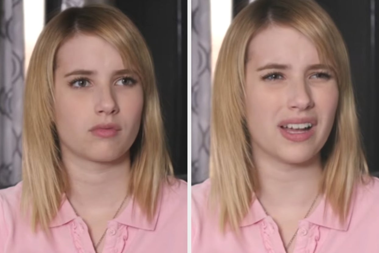 Person with blond hair making a neutral face in the first image and a confused face in the second, wearing a collared shirt
