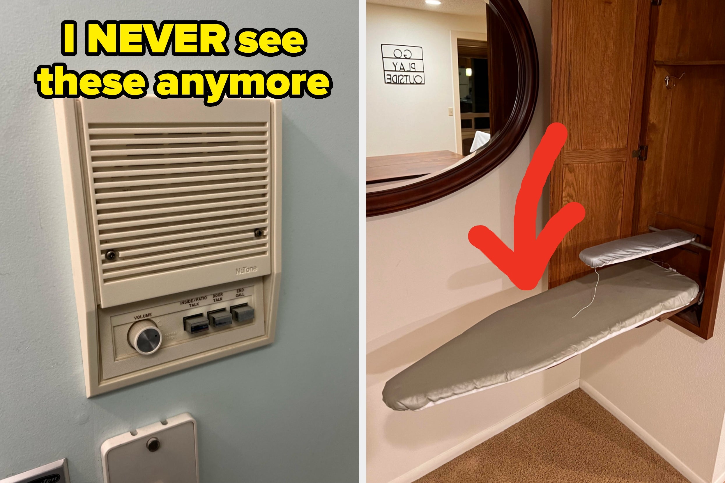 Split image: Left shows an old intercom; right has a wall-mounted fold-out ironing board; text: "I NEVER see these anymore"