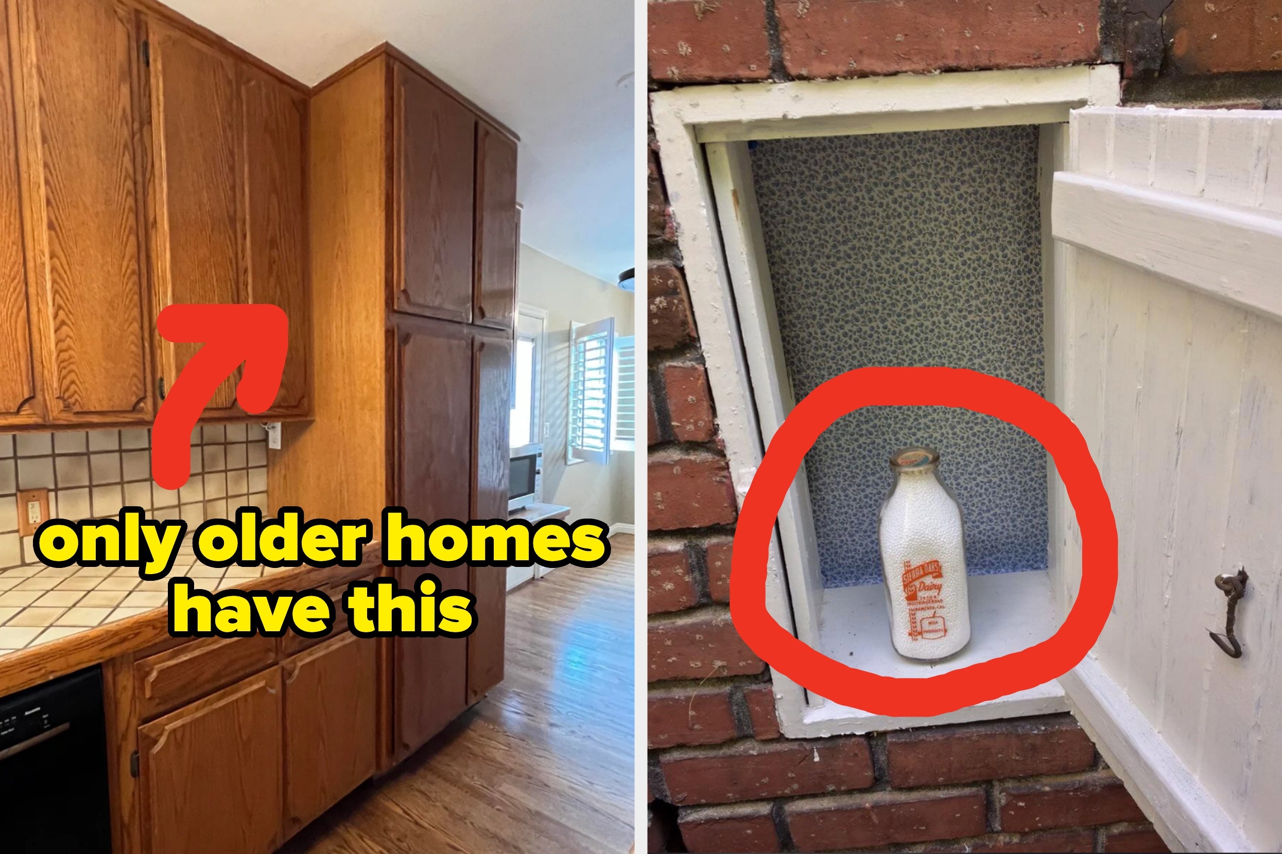 Split image: Left shows tall kitchen cabinets typical in older homes. Right displays a brick wall cubby with a milk bottle, labeled for milk delivery