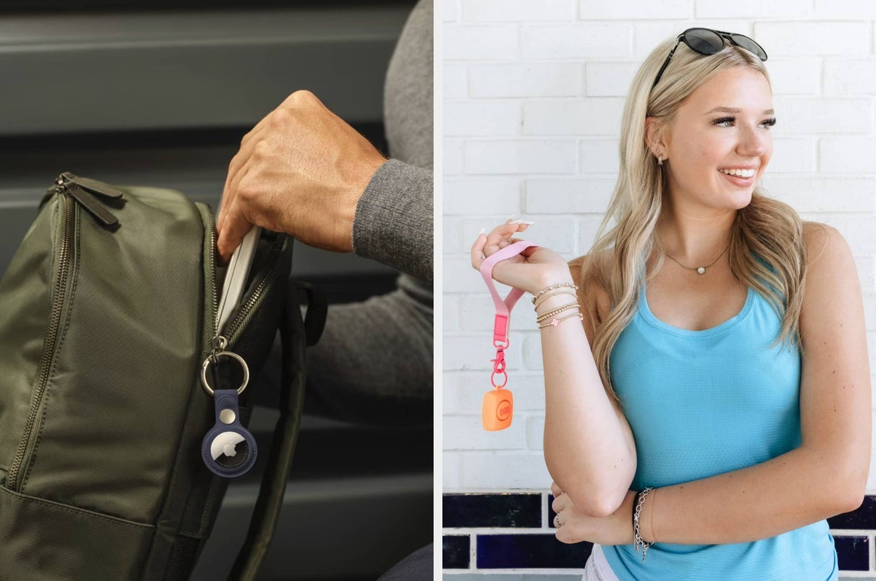 A person attaches a small tracking device to a backpack zipper. Another person smiles, holding a similar device with accessories