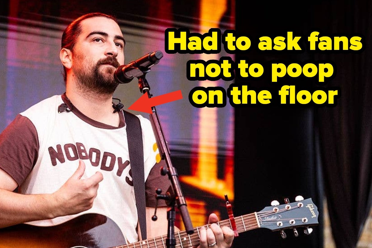 Musician on stage holding a guitar, wearing a casual shirt labeled "NOBODY'S," with humorous text about addressing fans' behavior