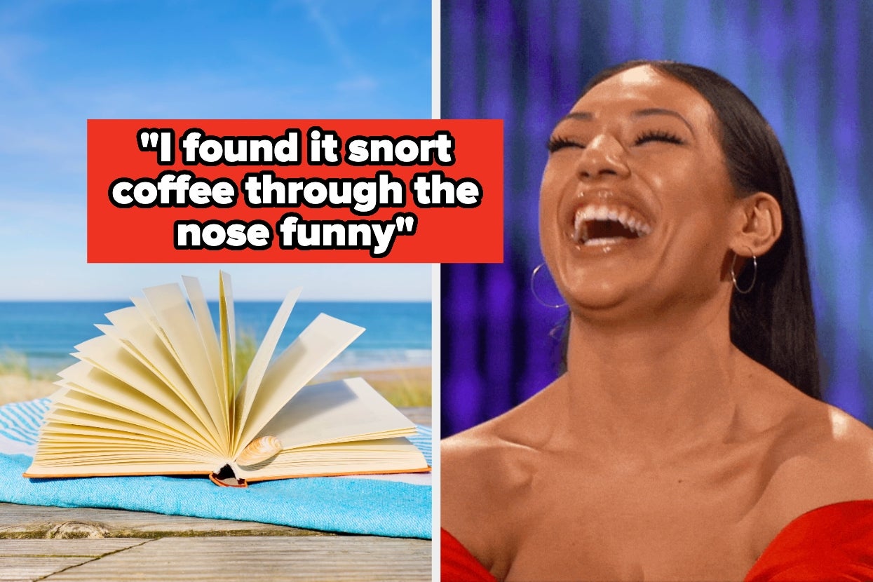 An open book is on the left with the quote "I found it snort coffee through the nose funny." A person laughs joyfully on the right