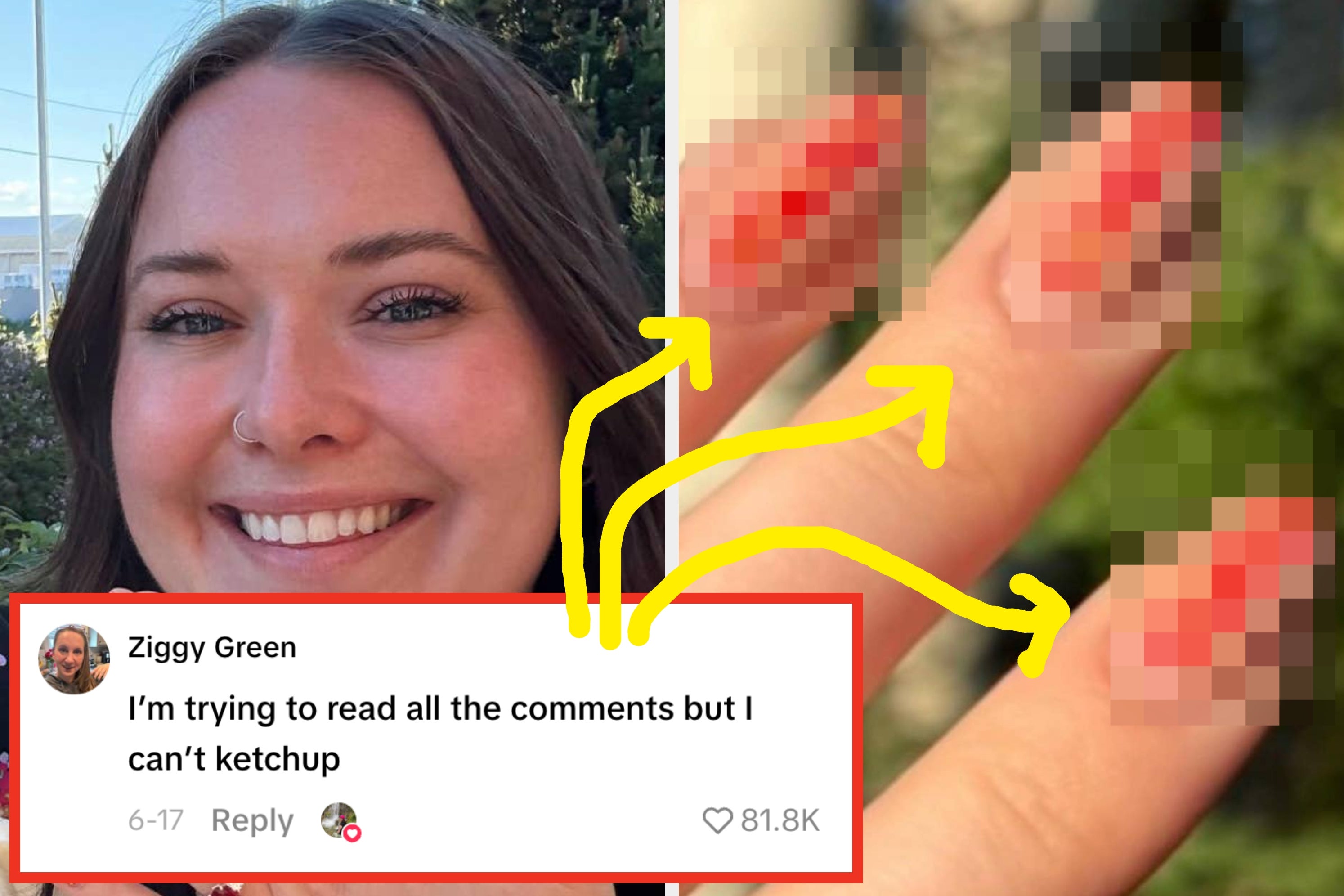Split image: Woman smiling. Close-up of fingers with painted nails. Comment says, "I’m trying to read all the comments but I can’t ketchup."