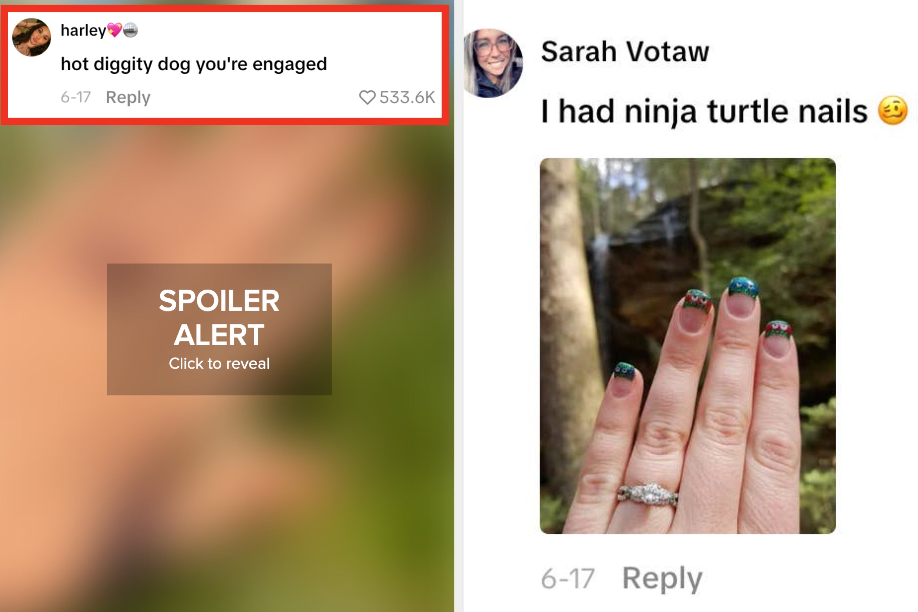 A person proposes outdoors; a hand shows an engagement ring with a red stone. Online comment reads: "hot diggity dog you're engaged."