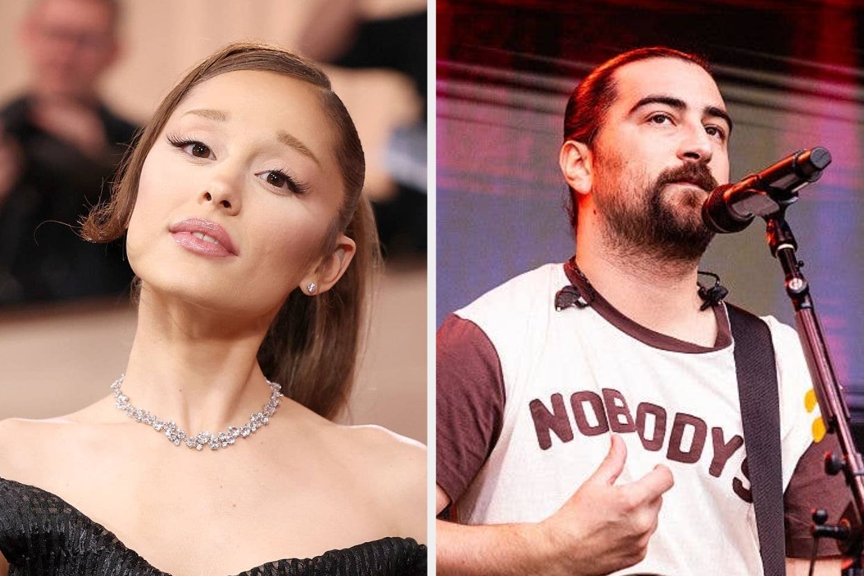 Two celebrities side by side: One in elegant attire, necklace, stylized hair; the other singing, wearing a t-shirt with text, holding a guitar