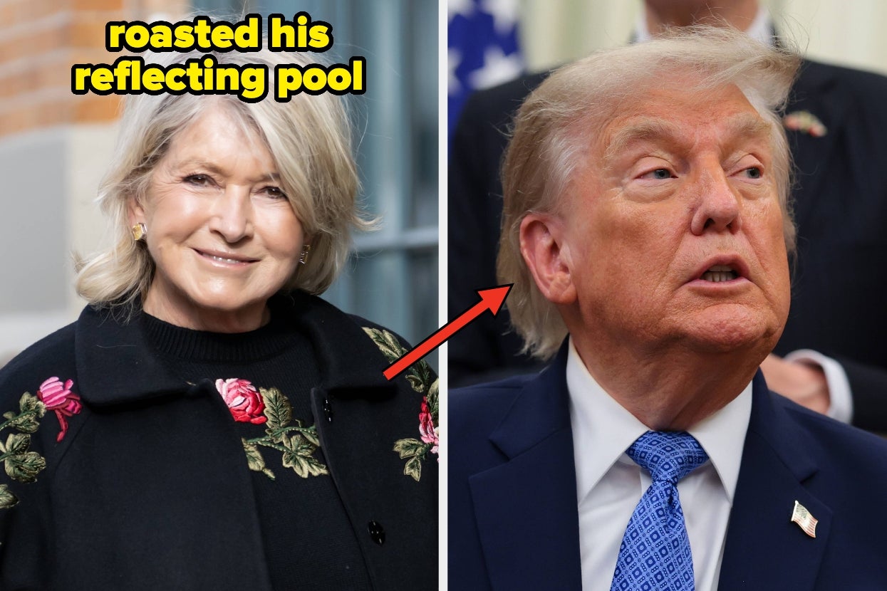 Martha Stewart with floral embroidery on her coat and Donald Trump in a suit speaks in an office setting