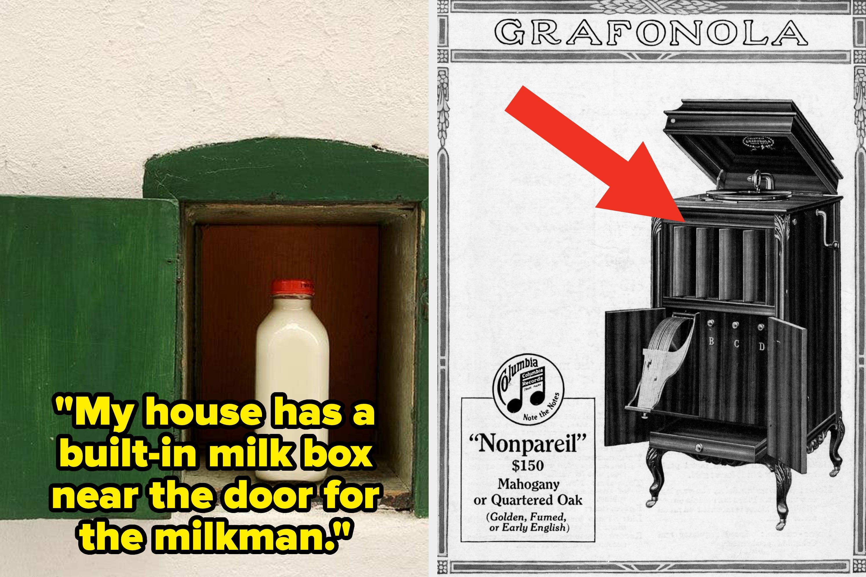 Split image: Left shows a house with a built-in milk box; right shows a vintage GRAFONOLA advertisement featuring a wooden cabinet