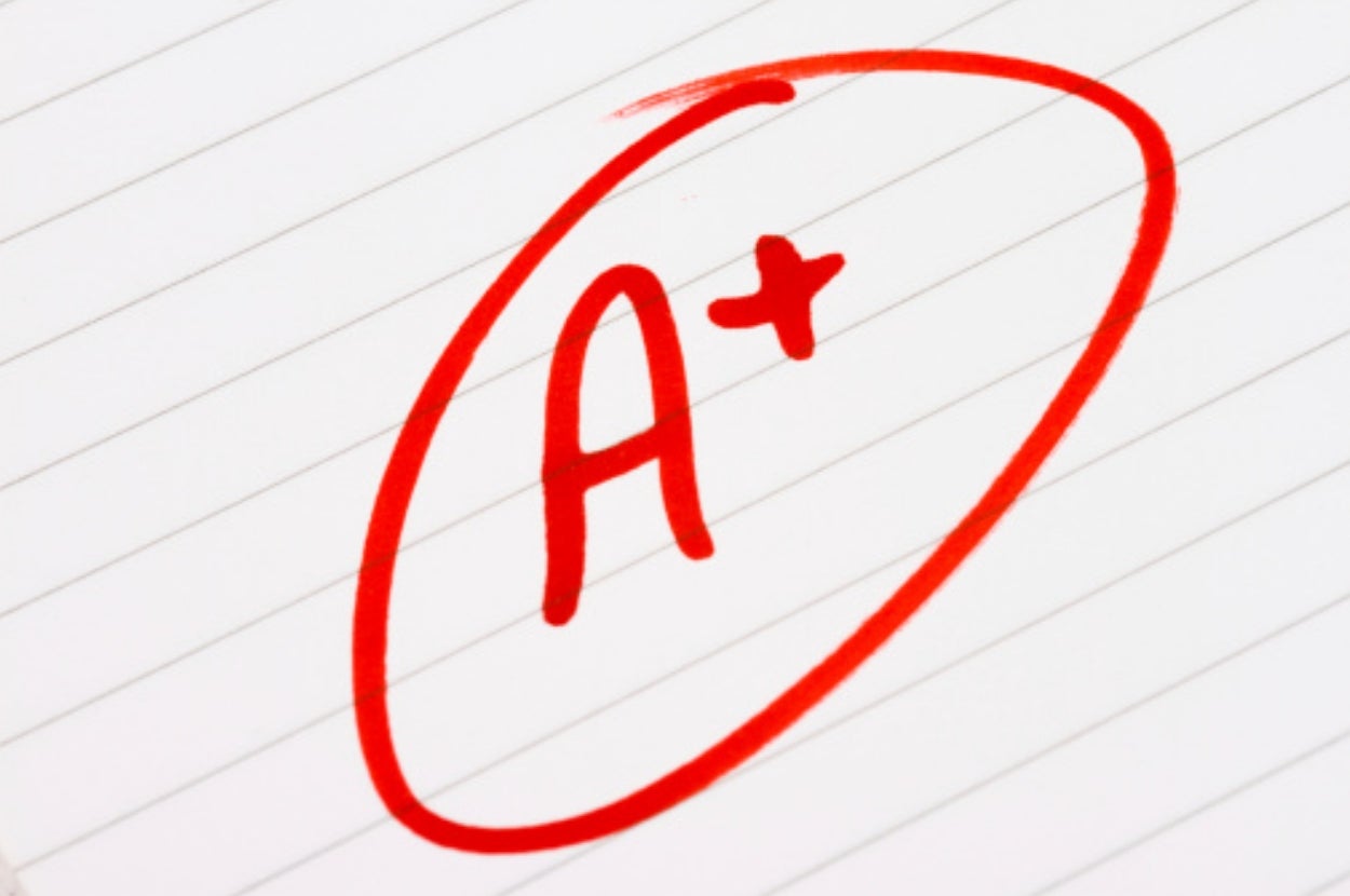 A red "A+" is circled on lined paper