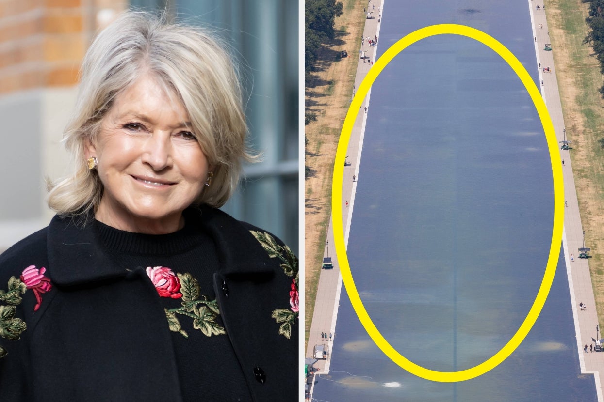 Martha Stewart with floral embroidery on their jacket vs an aerial view of a long, reflective pool