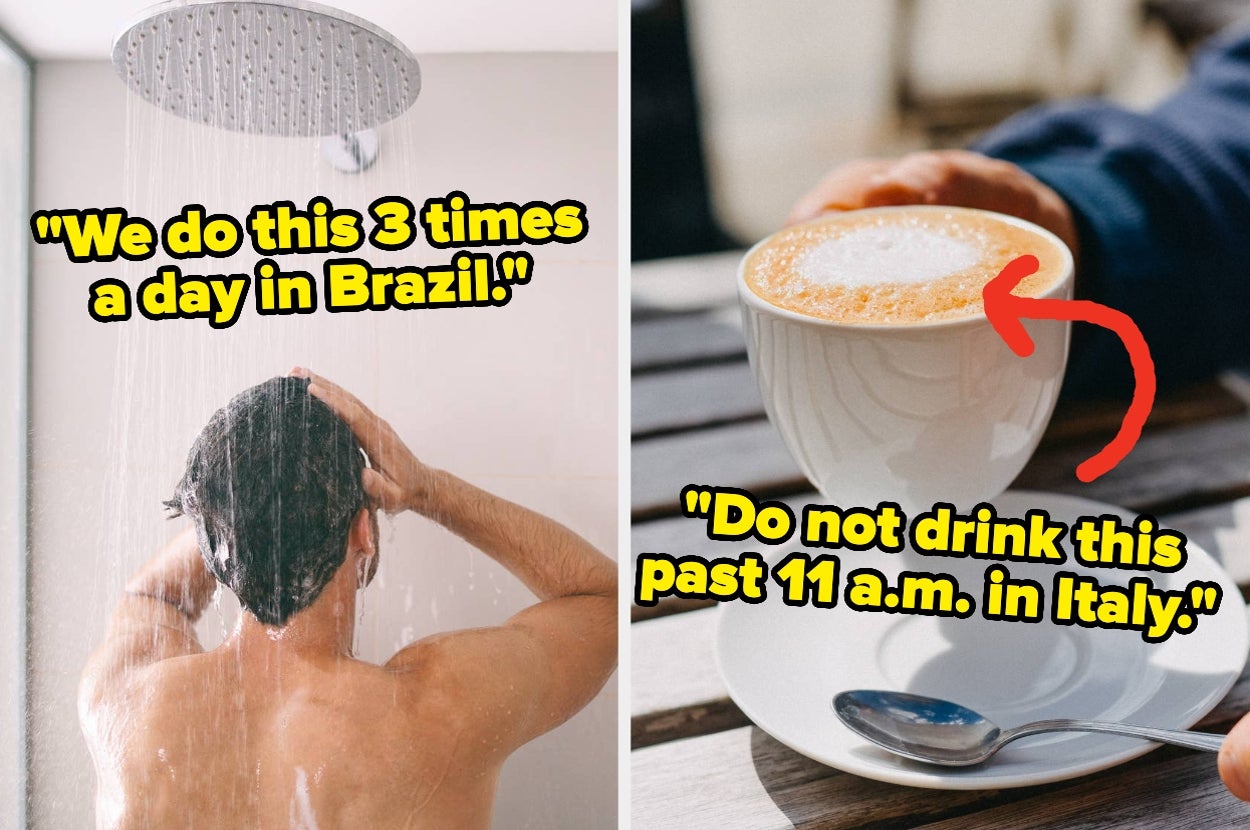 Split image: Left shows a person showering, labeled "We do this 3 times a day in Brazil." Right shows a cappuccino cup, labeled "Do not drink this past 11 a.m. in Italy."