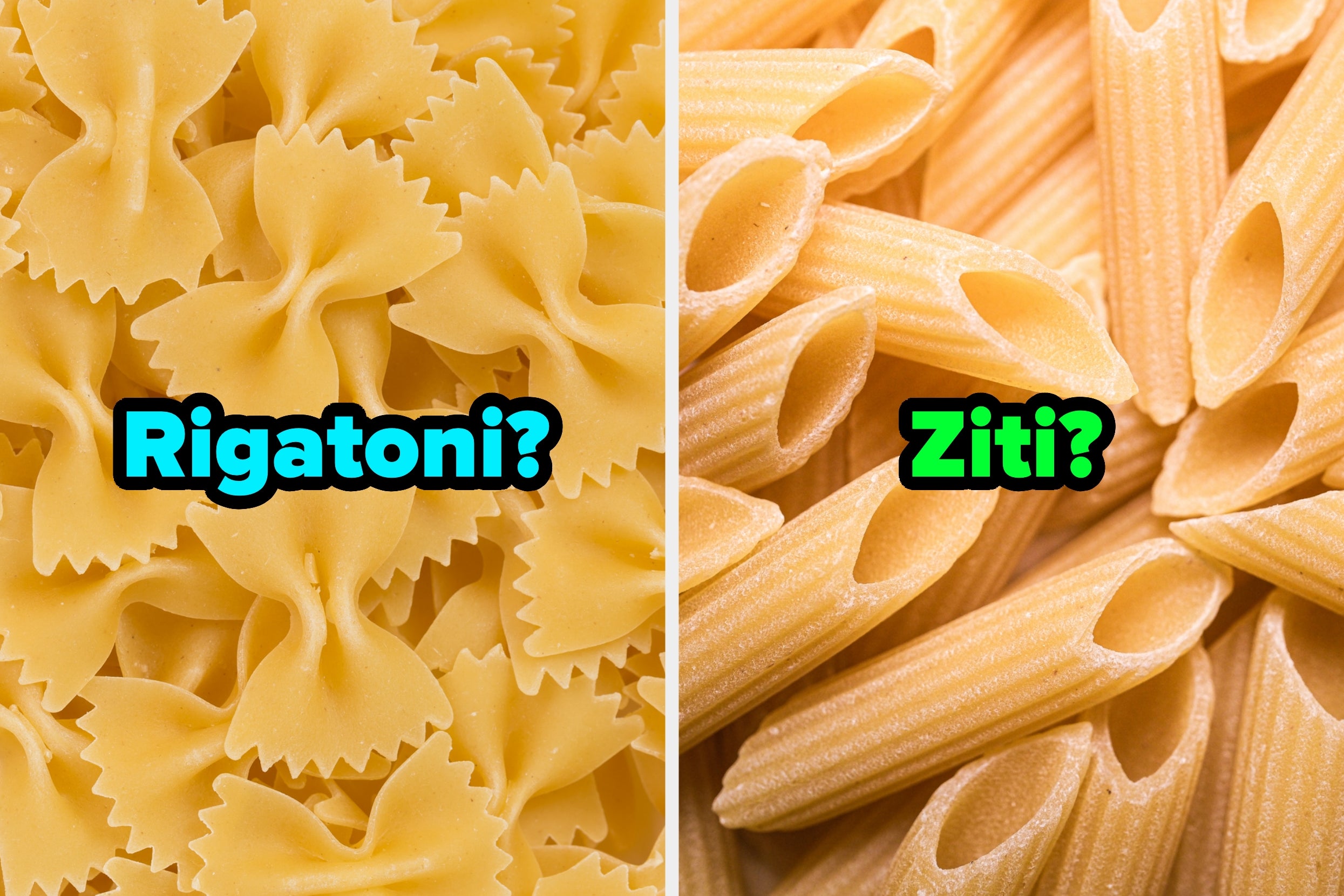 Close-up of uncooked pasta on the left labeled "Rigatoni?" and another on the right labeled "Ziti?"