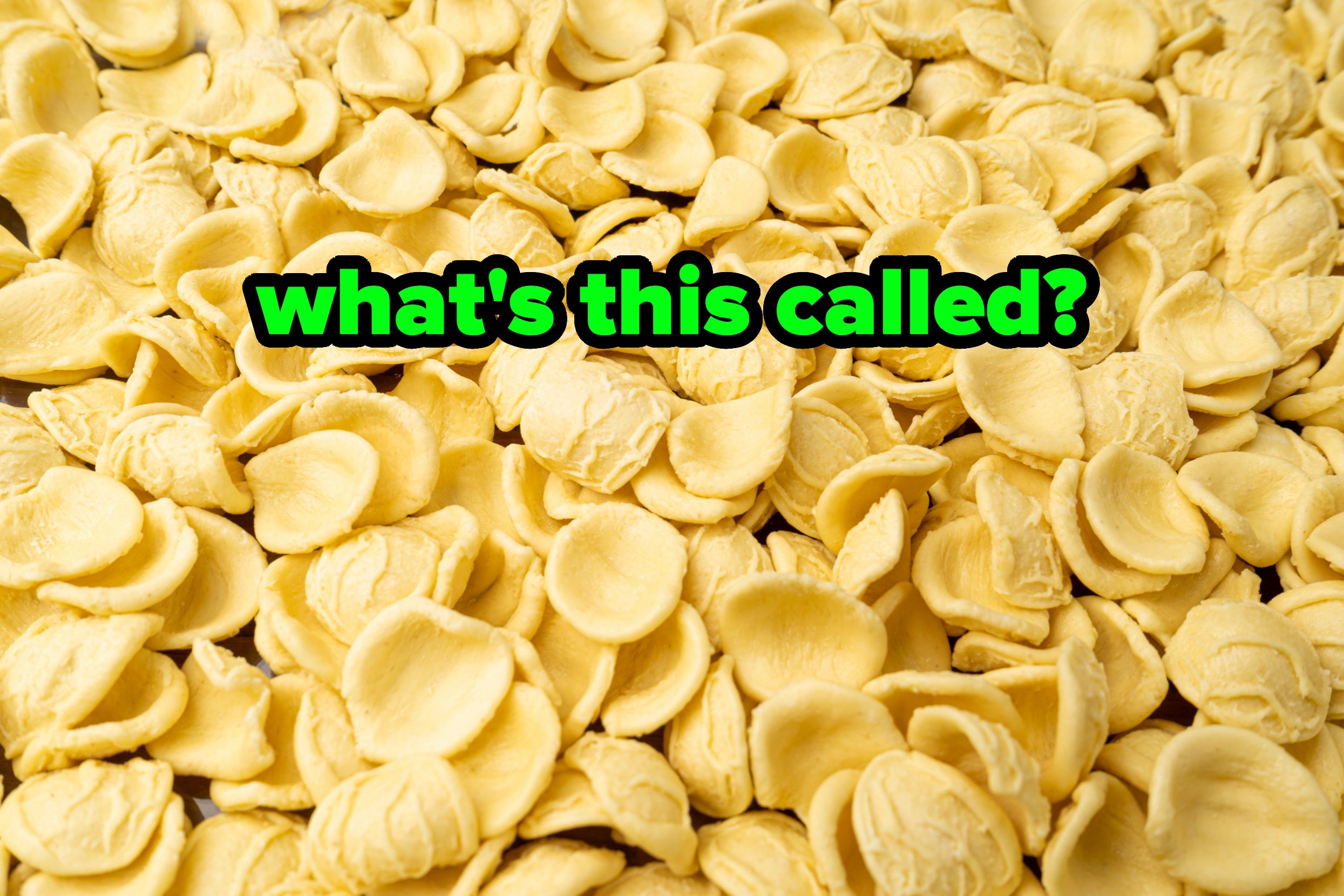 Pile of orecchiette pasta with text asking, "what's this called?"
