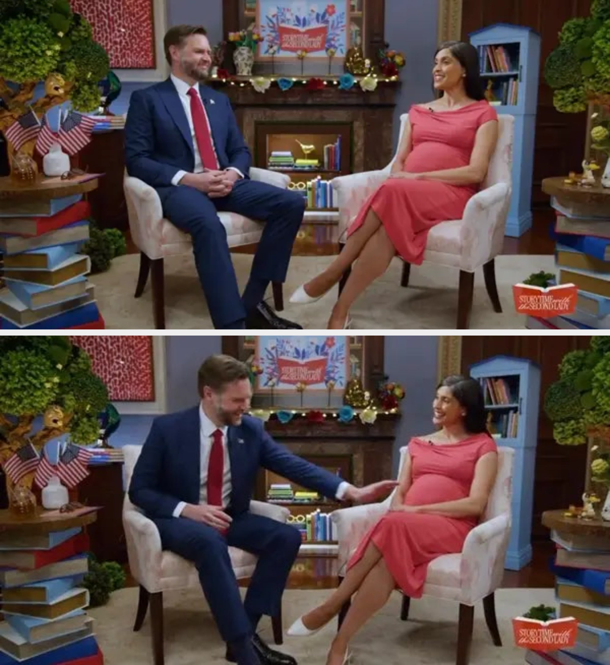 Two radical seated successful a country afloat of colorful decor; 1 is pregnant, wearing a draped dress, the different successful a suit, smiling and gesturing