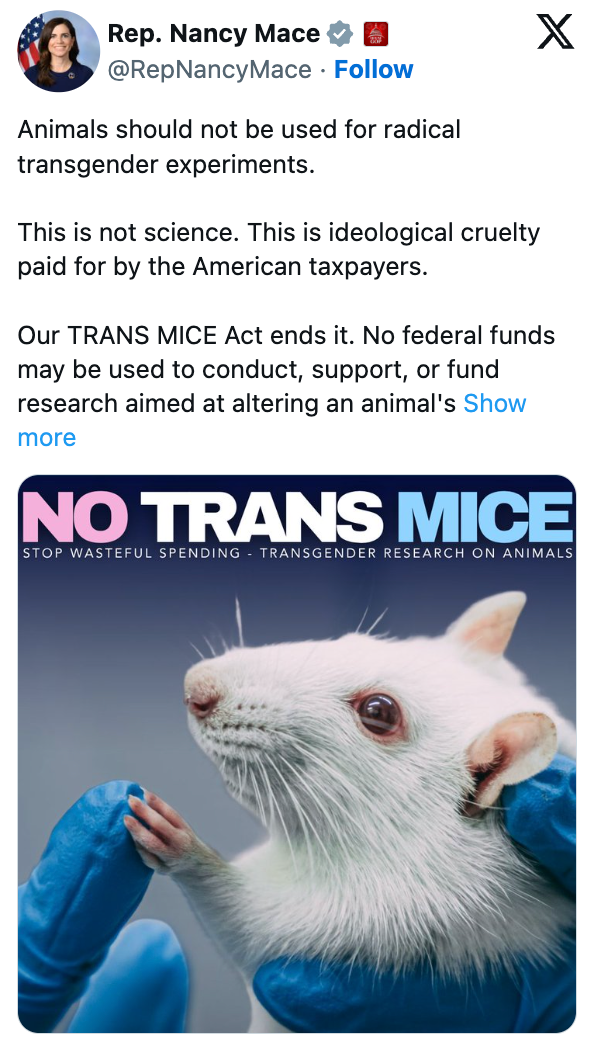 A station opposes utilizing national funds for transgender probe connected animals, highlighting the "TRANS MICE Act" to halt specified practices