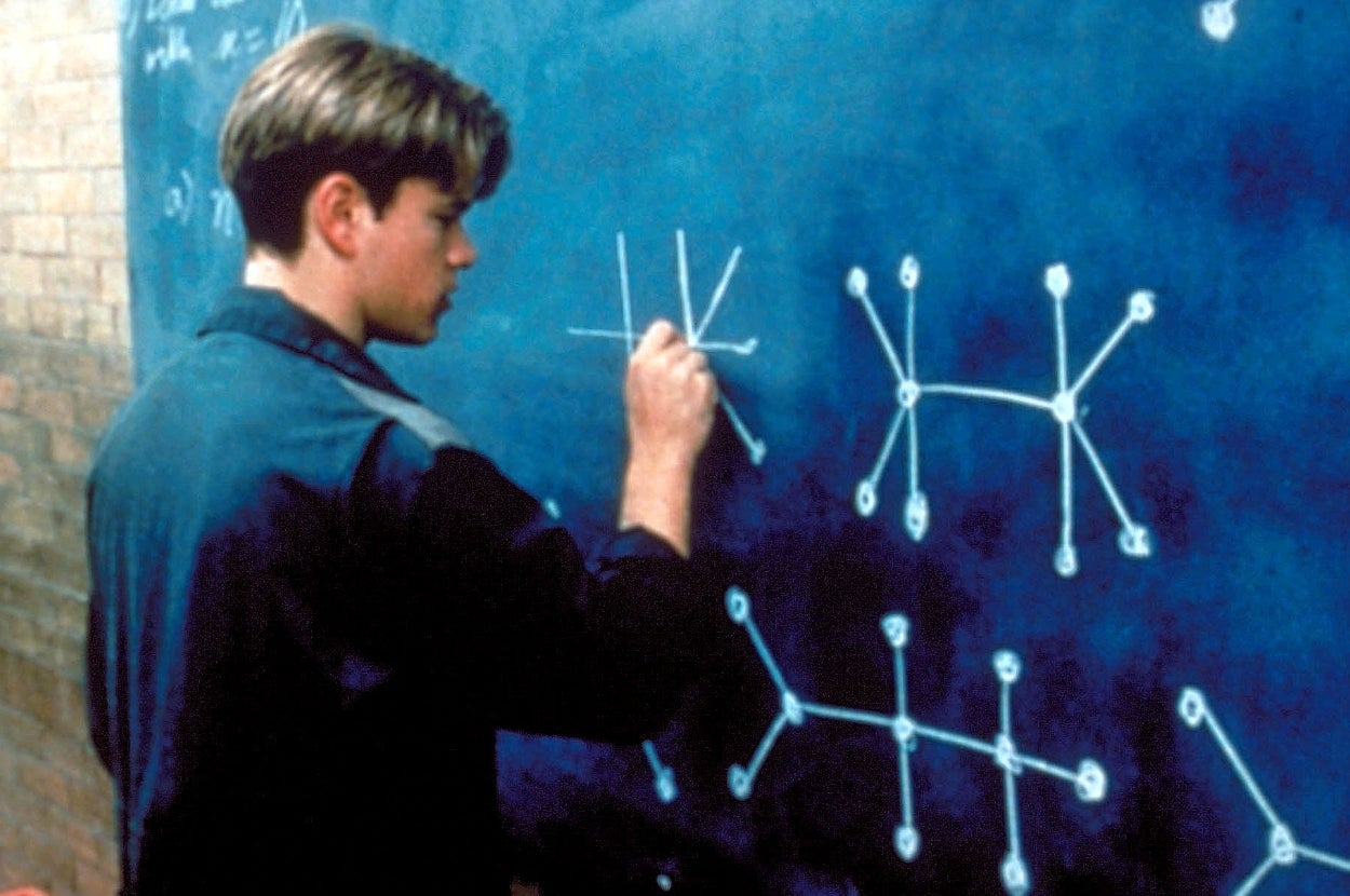 Matt Damon in "Goodwill Hunting" solving complex equations on a chalkboard