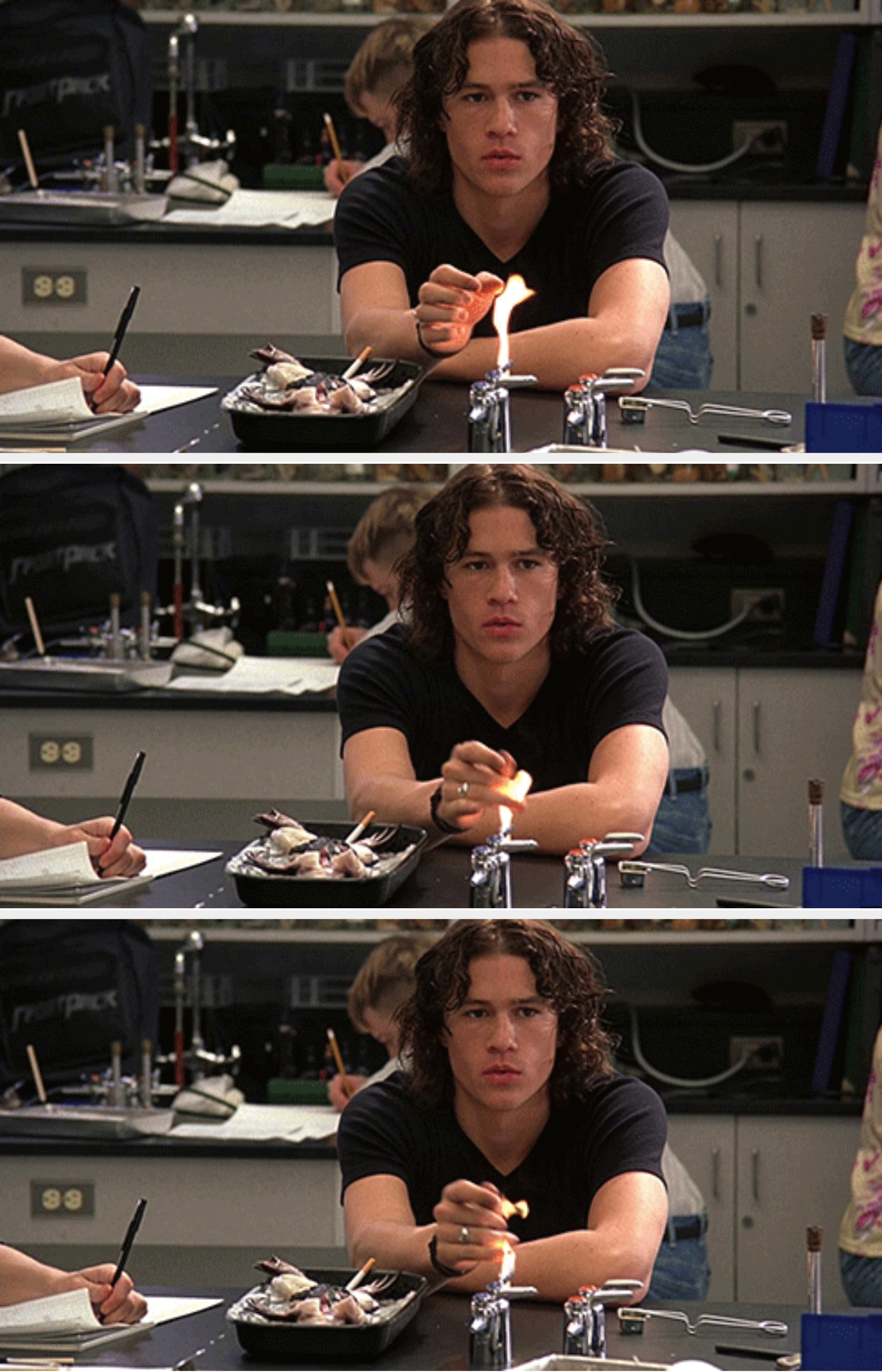 Heath Ledger successful  10 Things I Hate About You successful  a subject   schoolroom  playing with occurrence  from a Bunsen burner