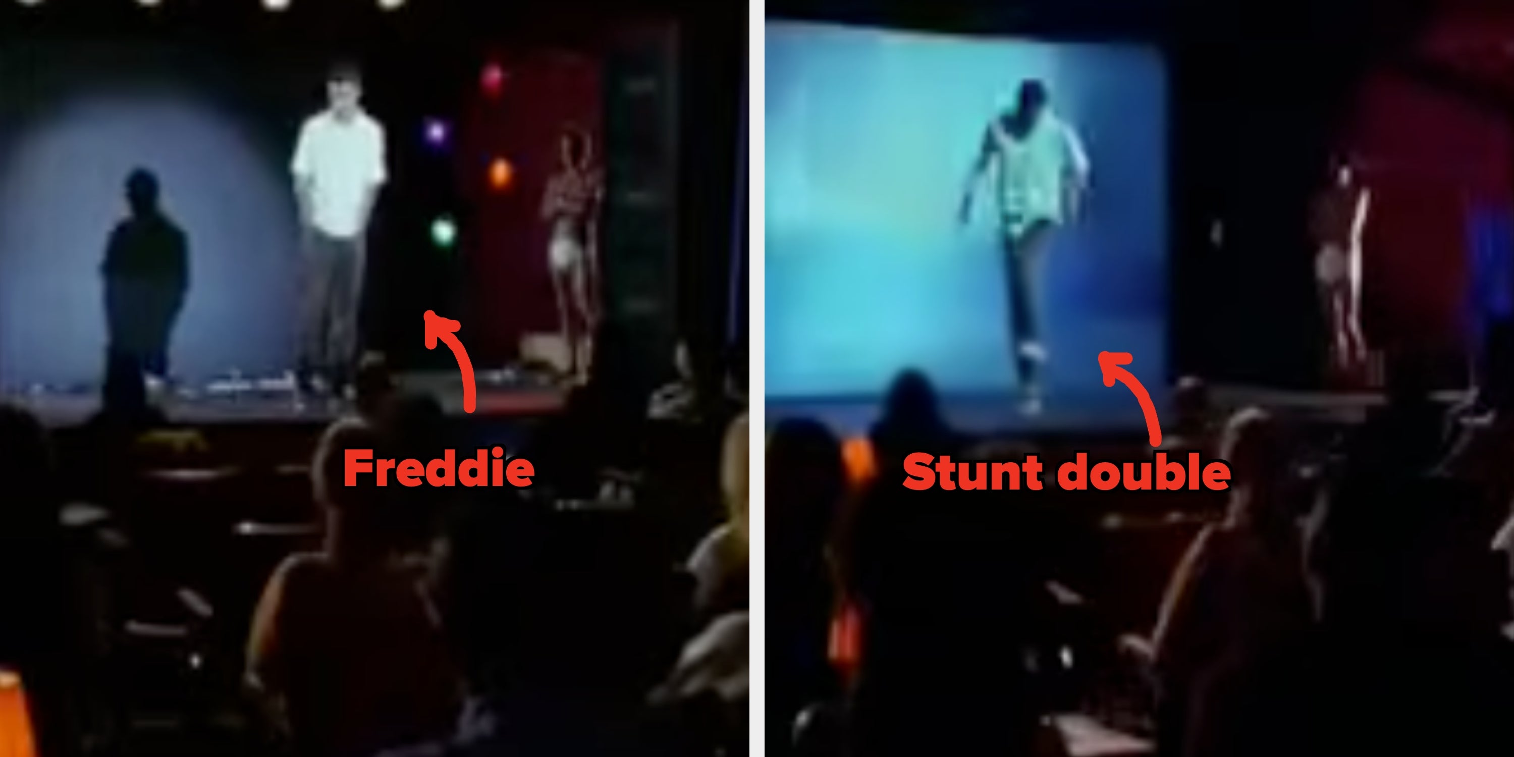 Two scenes labeled "Freddie" and "Stunt double" amusement   a idiosyncratic   performing stunts connected  stage, demonstrating a examination  betwixt  histrion  and stunt double