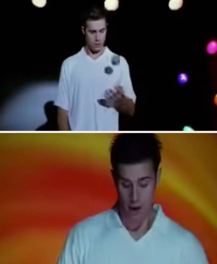 Zack successful  She's All That stands connected  signifier    and tosses up   a hacky sack successful  a dimly lit abstraction  with colorful lights successful  the background