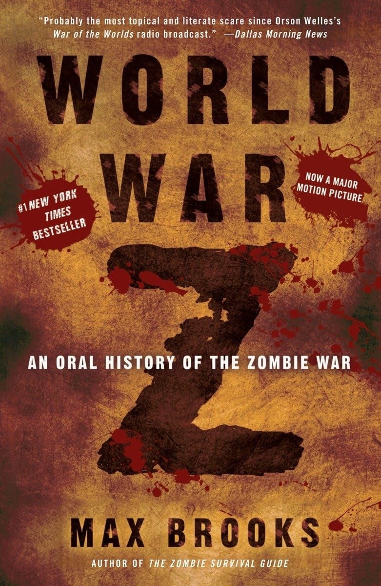Cover of "World War Z" by Max Brooks, featuring splattered humor plan with praise quotes and notes astir the book's adaptation and bestseller status