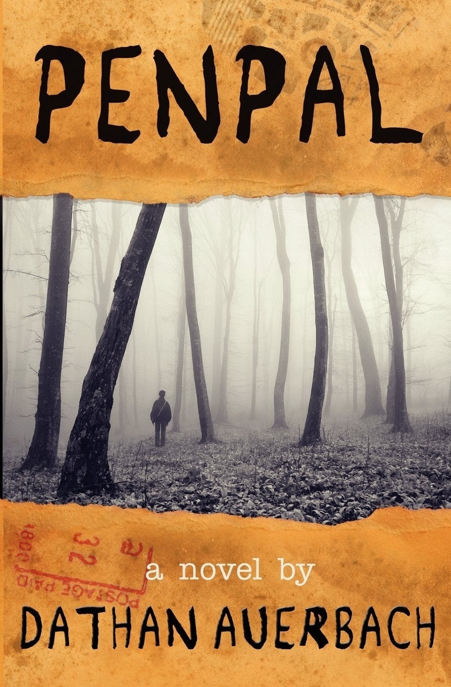 Book screen for "Penpal" by Dathan Auerbach, featuring a solitary fig walking among gangly trees successful a foggy forest