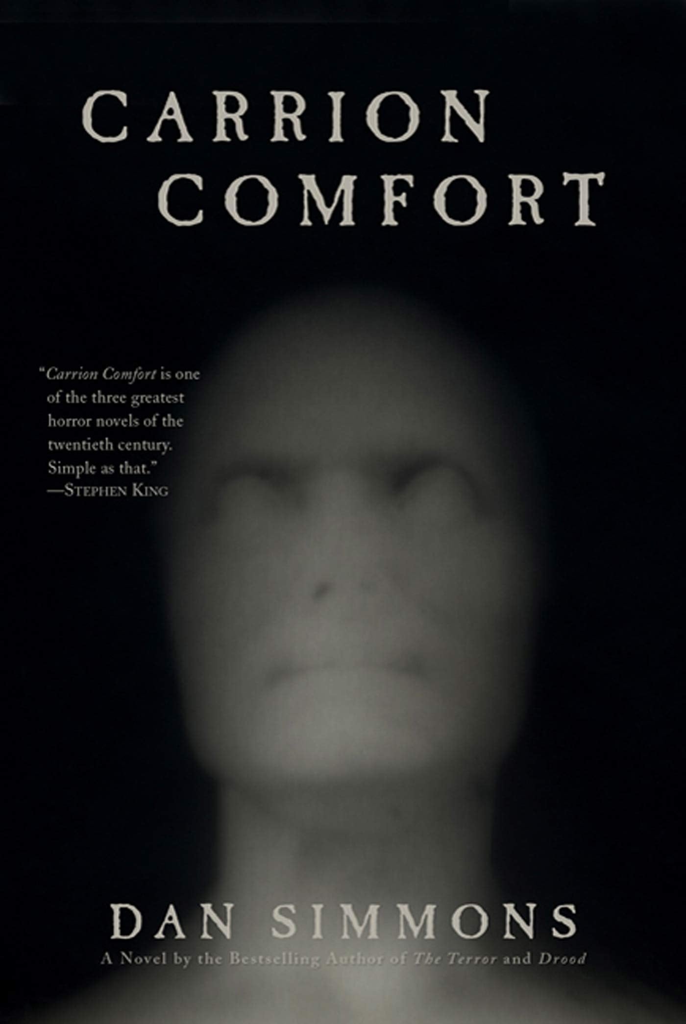 Book screen for "Carrion Comfort" by Dan Simmons featuring a blurred look and a Stephen King punctuation praising it arsenic a apical fearfulness novel