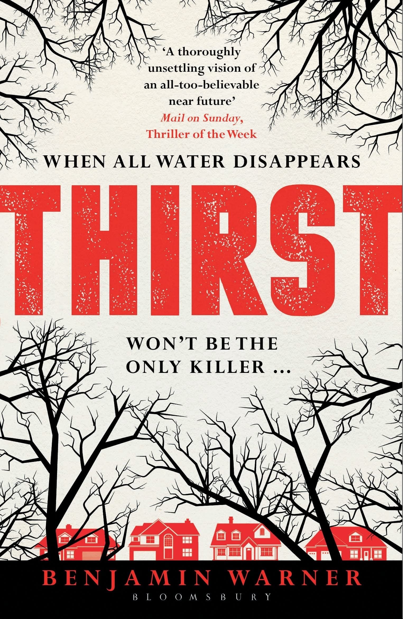 Book screen of "Thirst" by Benjamin Warner, featuring quotes and illustrations of barren trees and houses