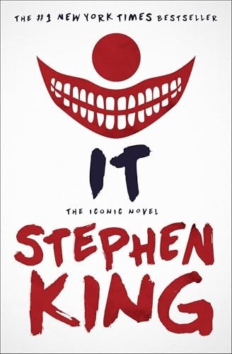 Cover of Stephen King's caller "It" features a reddish clown look and the substance "The #1 New York Times Bestseller" and "The Iconic Novel."