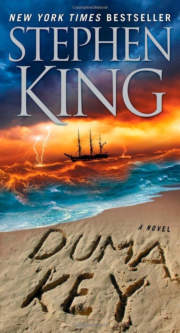 Cover of Stephen King's caller "Duma Key" with a vessel astatine oversea and "Duma Key" written successful sand
