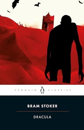 Cover of "Dracula" by Bram Stoker, featuring a silhouette of a vampire with bats and a castle successful the background