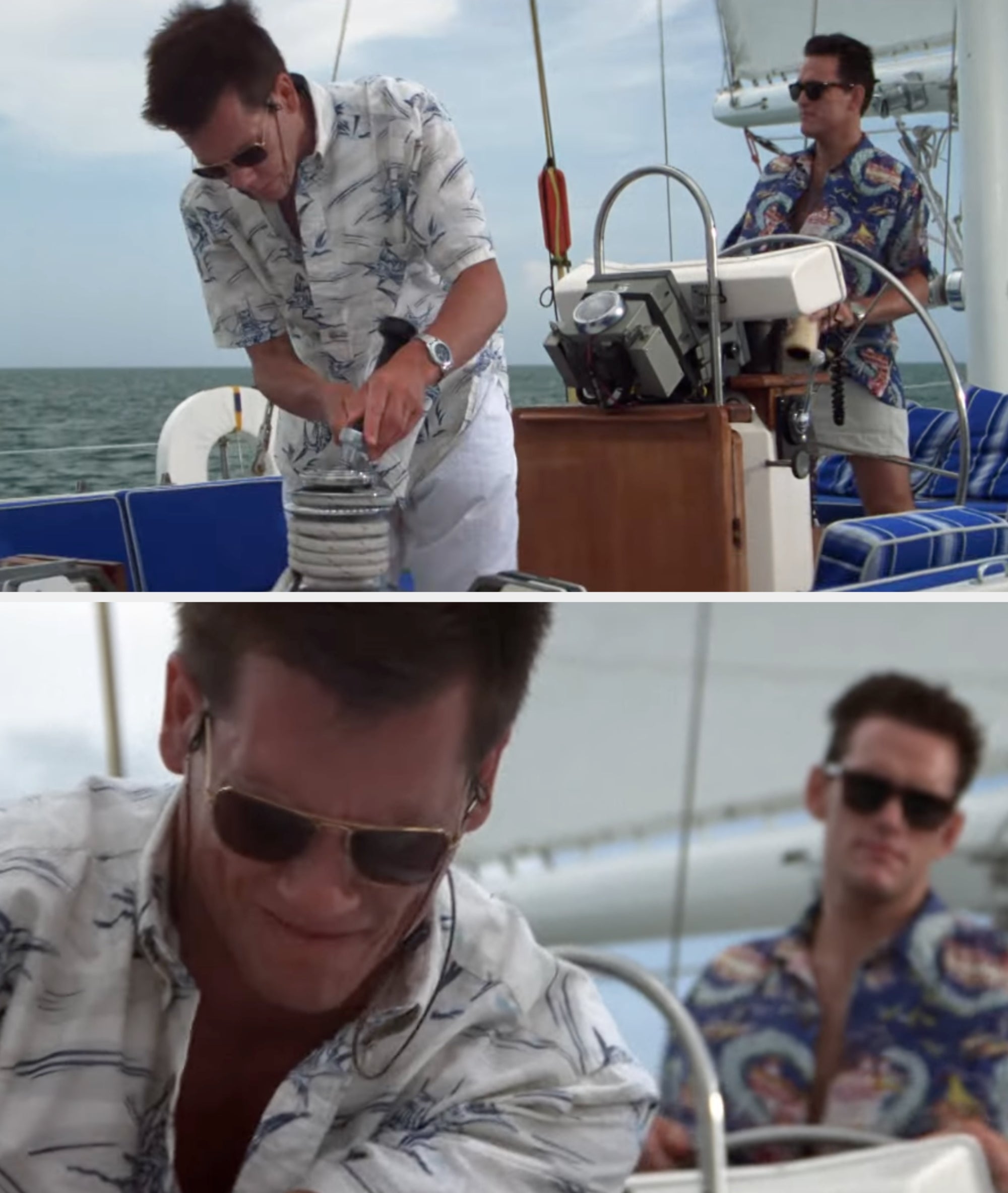 Two men successful  Wild Things sailing connected  a boat, focusing connected  the ropes. Both deterioration  casual, patterned shirts