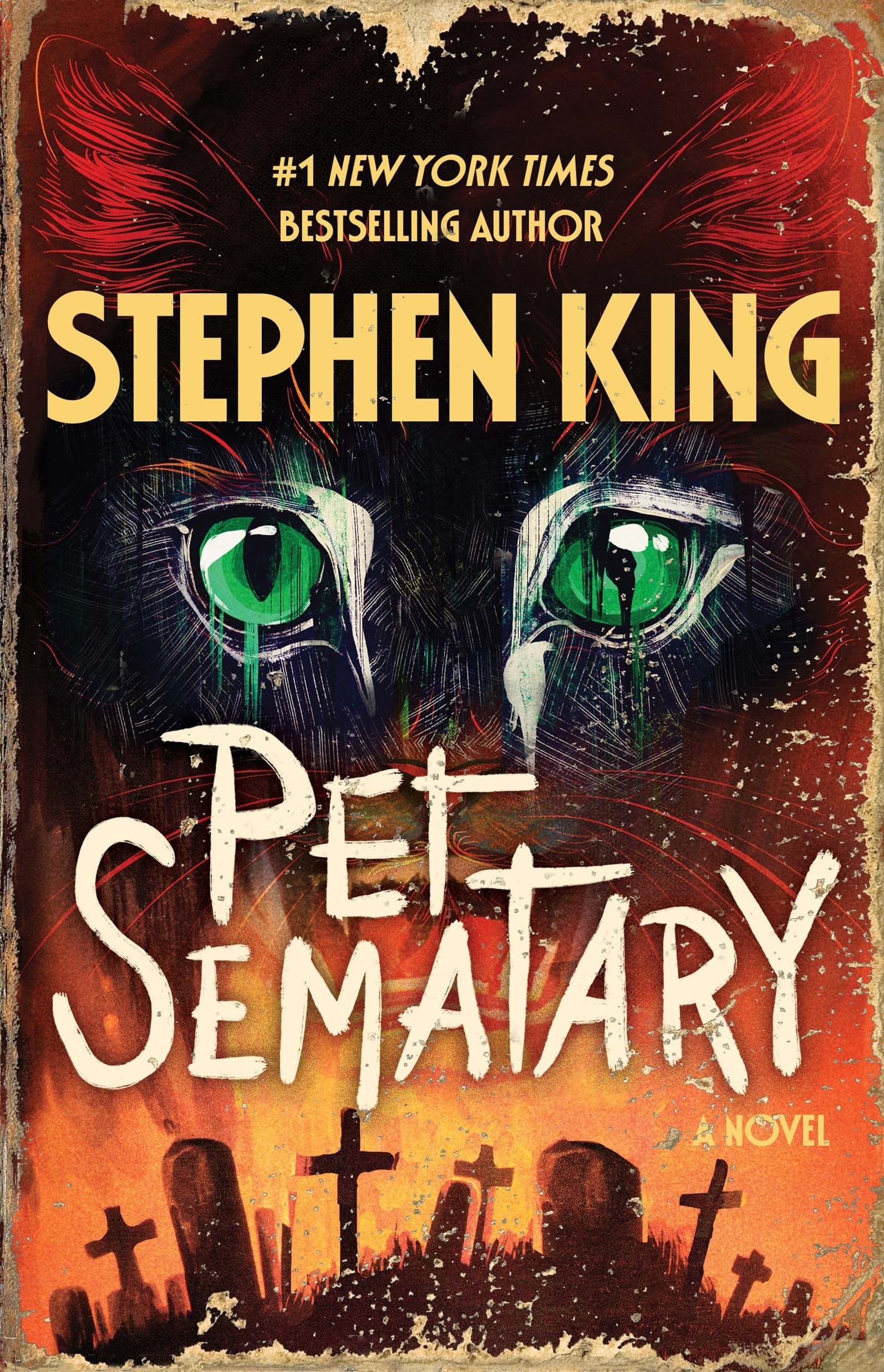 Book screen of "Pet Sematary" by Stephen King featuring a cat's eyes supra gravestones