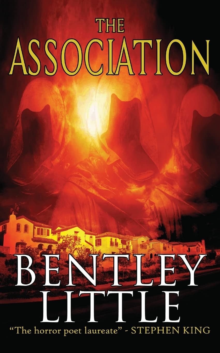 Book screen for "The Association" by Bentley Little features hooded figures supra a suburban neighborhood, with a punctuation by Stephen King