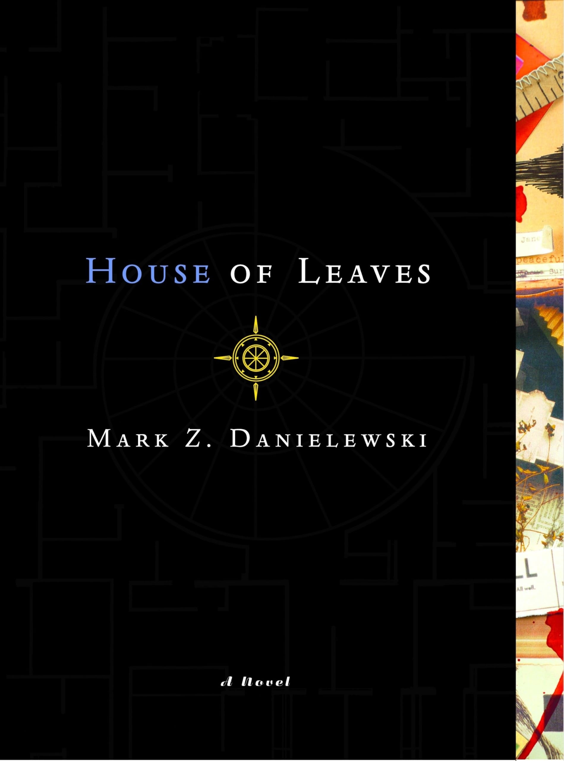 Cover of "House of Leaves" by Mark Z. Danielewski, featuring a compass plan and layered geometric patterns