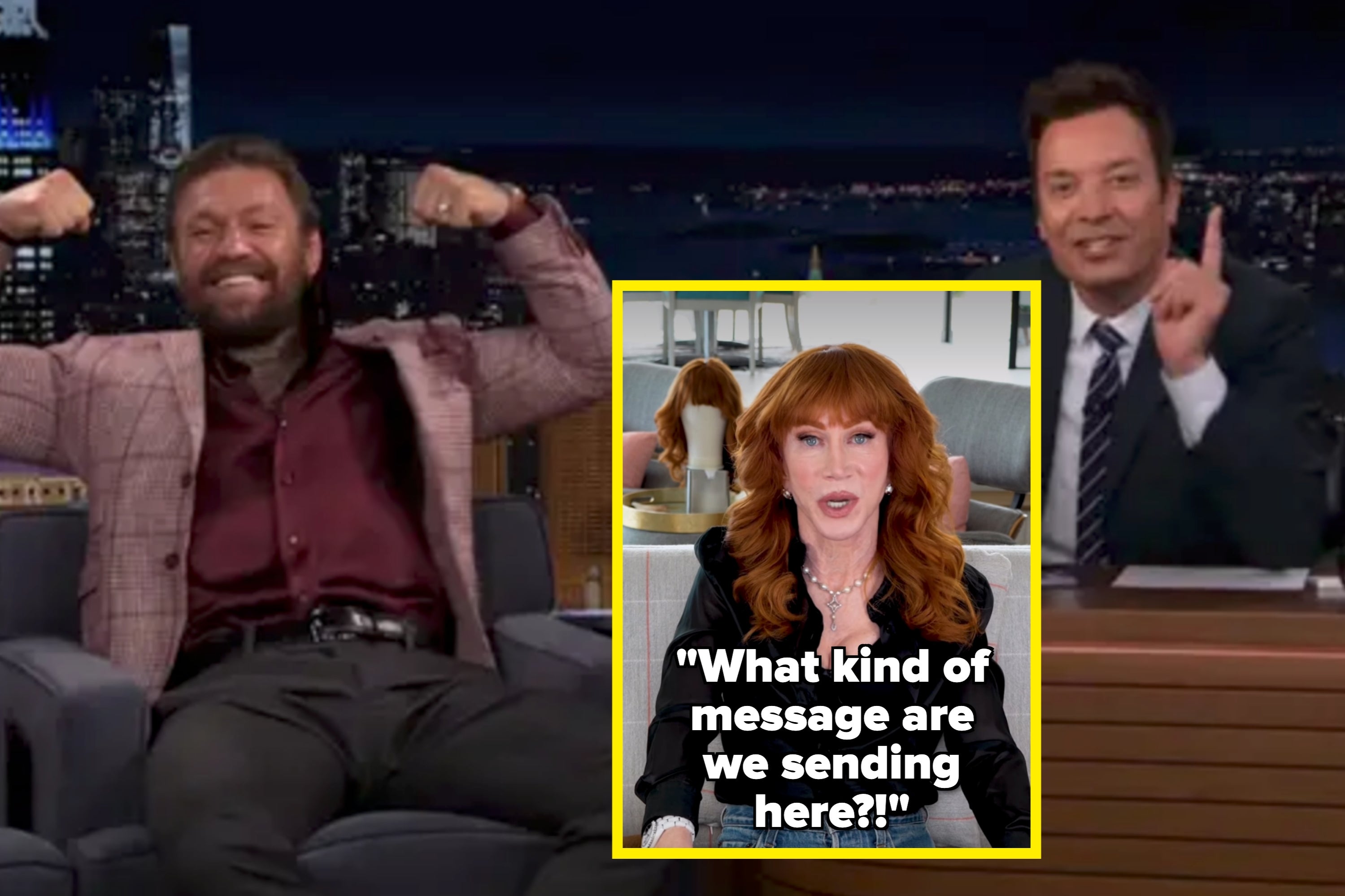 Two talk show hosts sit together on a nightly show set; one flexes muscles playfully while the other gestures with enthusiasm