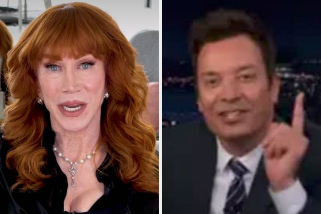 Two celebrities in split-screen, one wearing a necklace and the other in a suit gesturing while speaking on a show