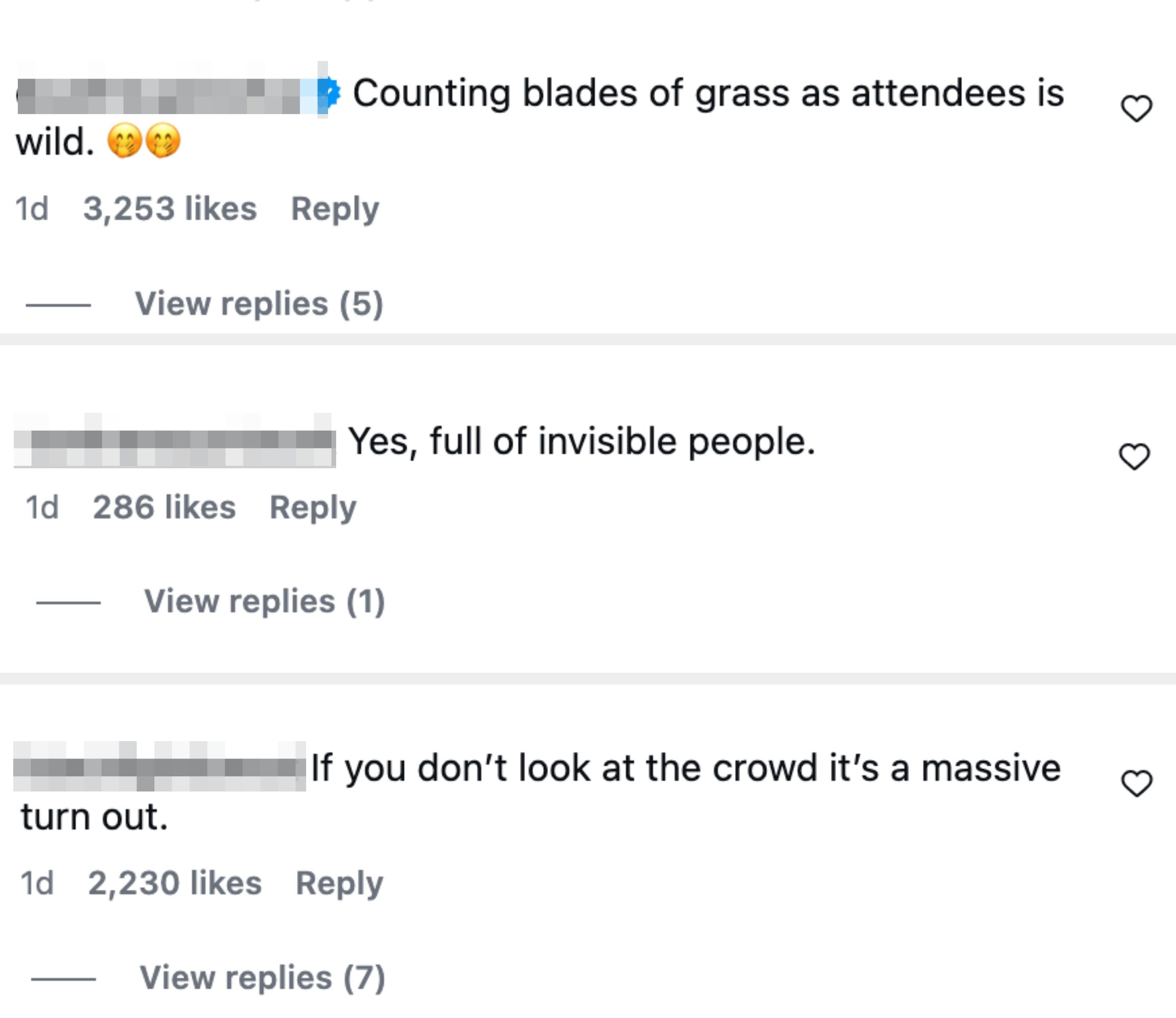 Instagram remark  saying, "Counting blades of writer  arsenic  attendees is wild," with shocked and reasoning  emojis