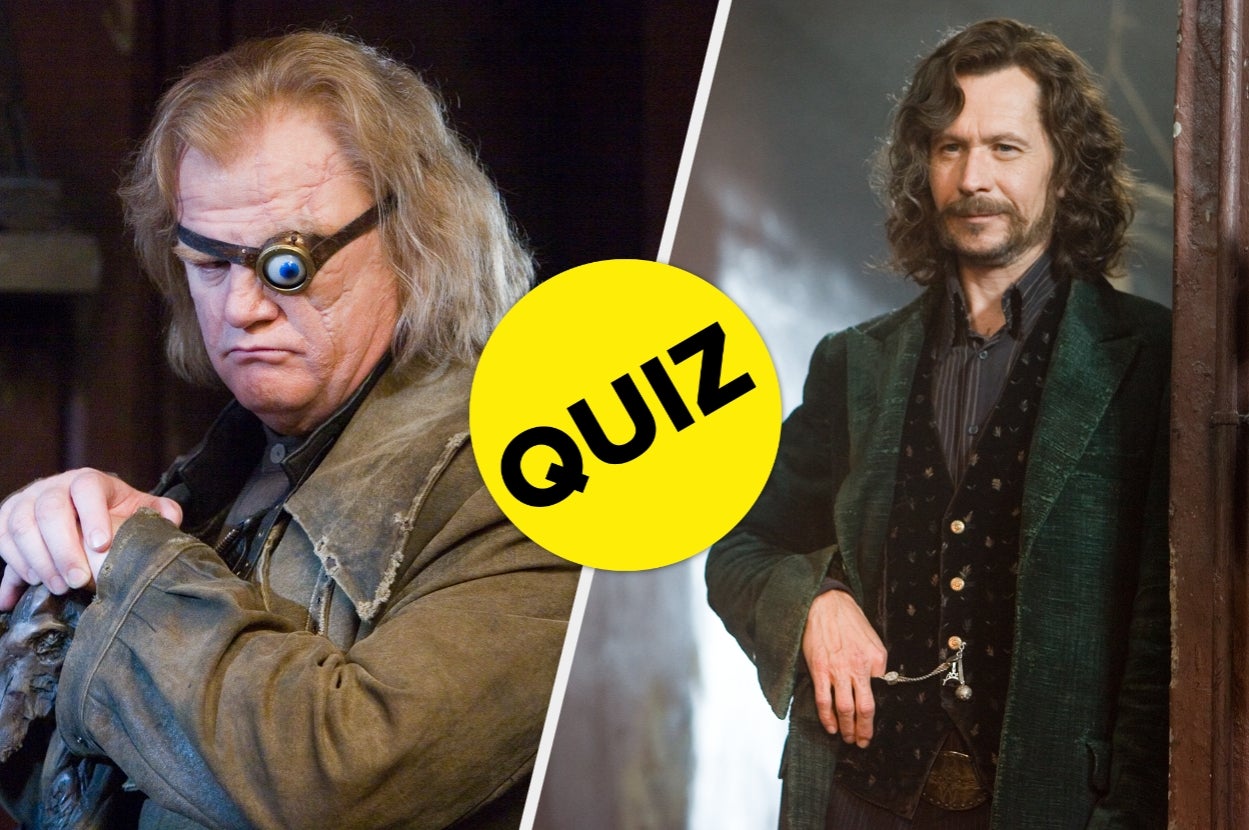 Two fictional characters are featured: one with a mechanical eye and rugged outfit, the other in a patterned suit. A "QUIZ" sign is between them